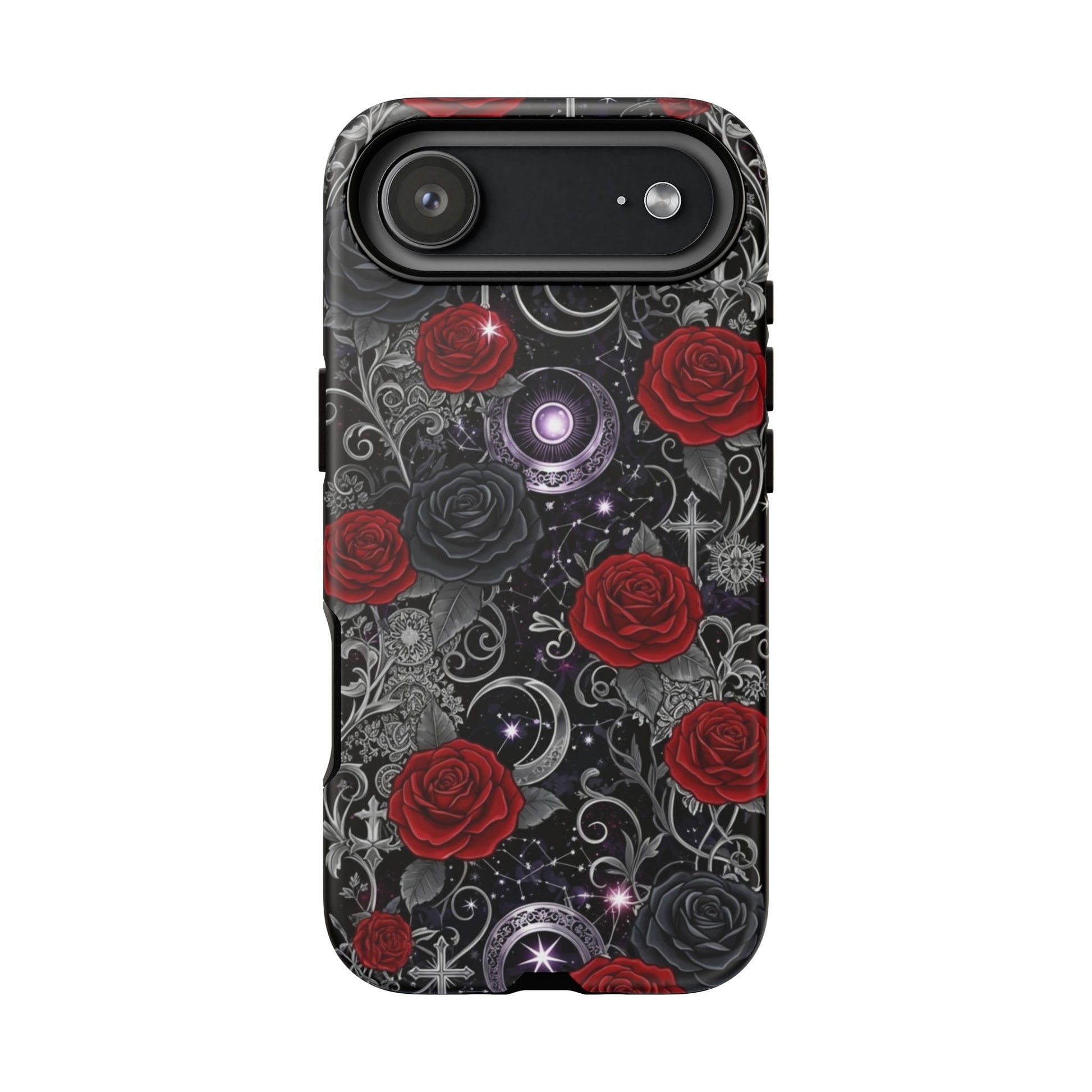 The Dark Gothic Red Roses Matte Tough Phone Case by Printify features red and black roses, silver ornate patterns, crescent moons, stars, and intricate swirls—perfect for lovers of bold, mysterious style.