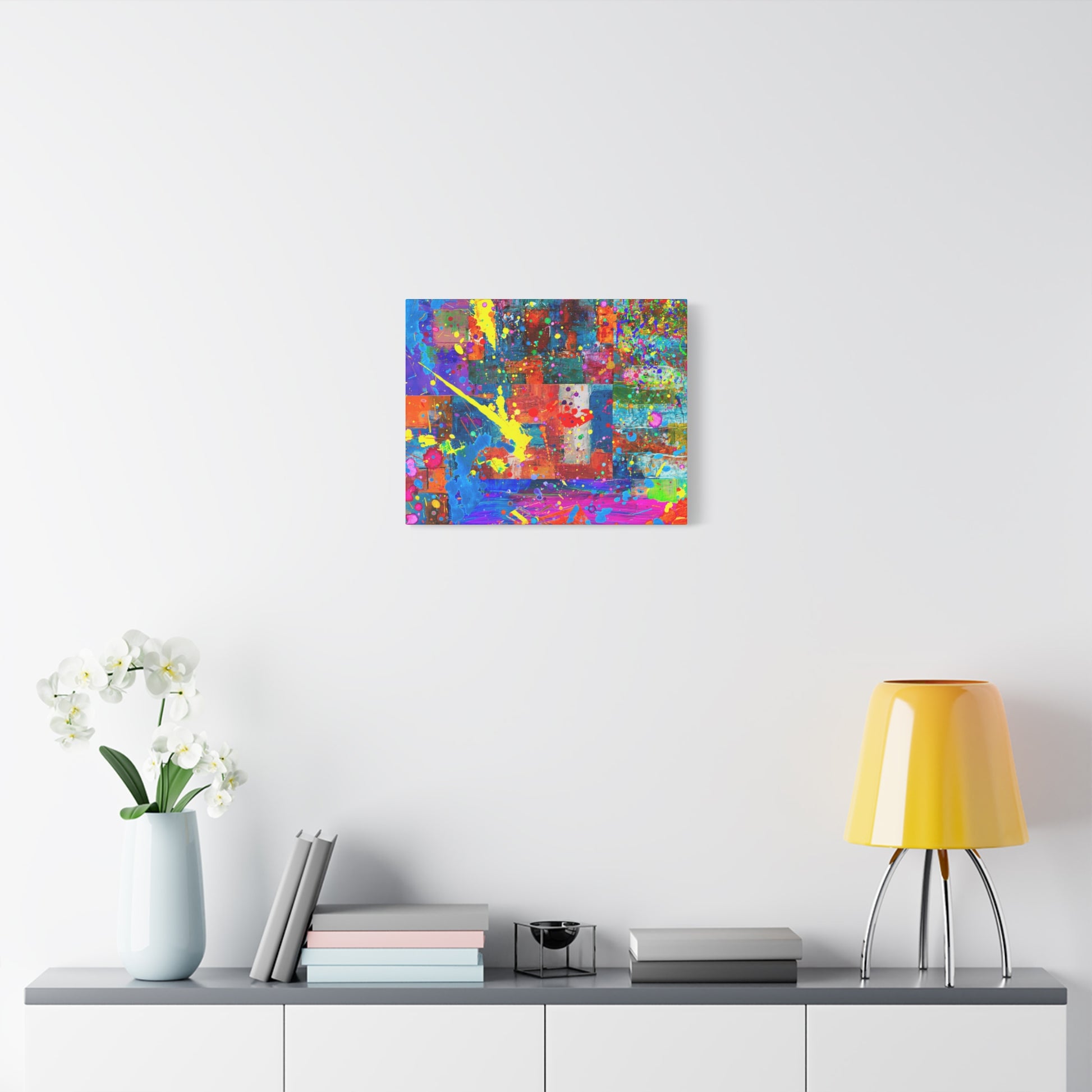 Vivid Neon Chaos Canvas Print Abstract Patchwork Splatter Art - Paragon Prints