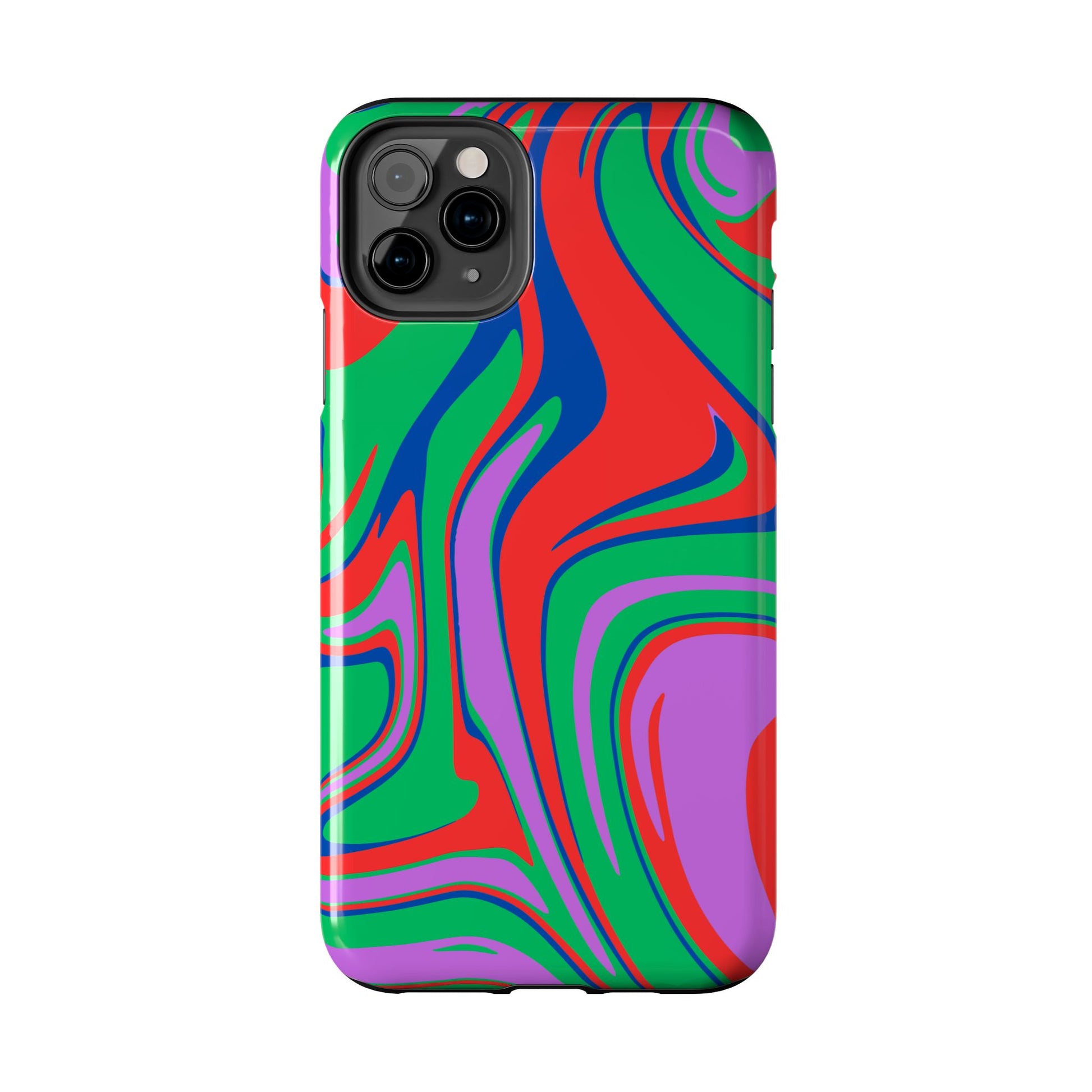 The Colorful Zebra Print Phone Case with Bold Design features a vibrant abstract swirl in red, green, purple, and blue. Its tough build offers impact-resistant protection for your iPhone or Samsung, combining style and durability in one case.