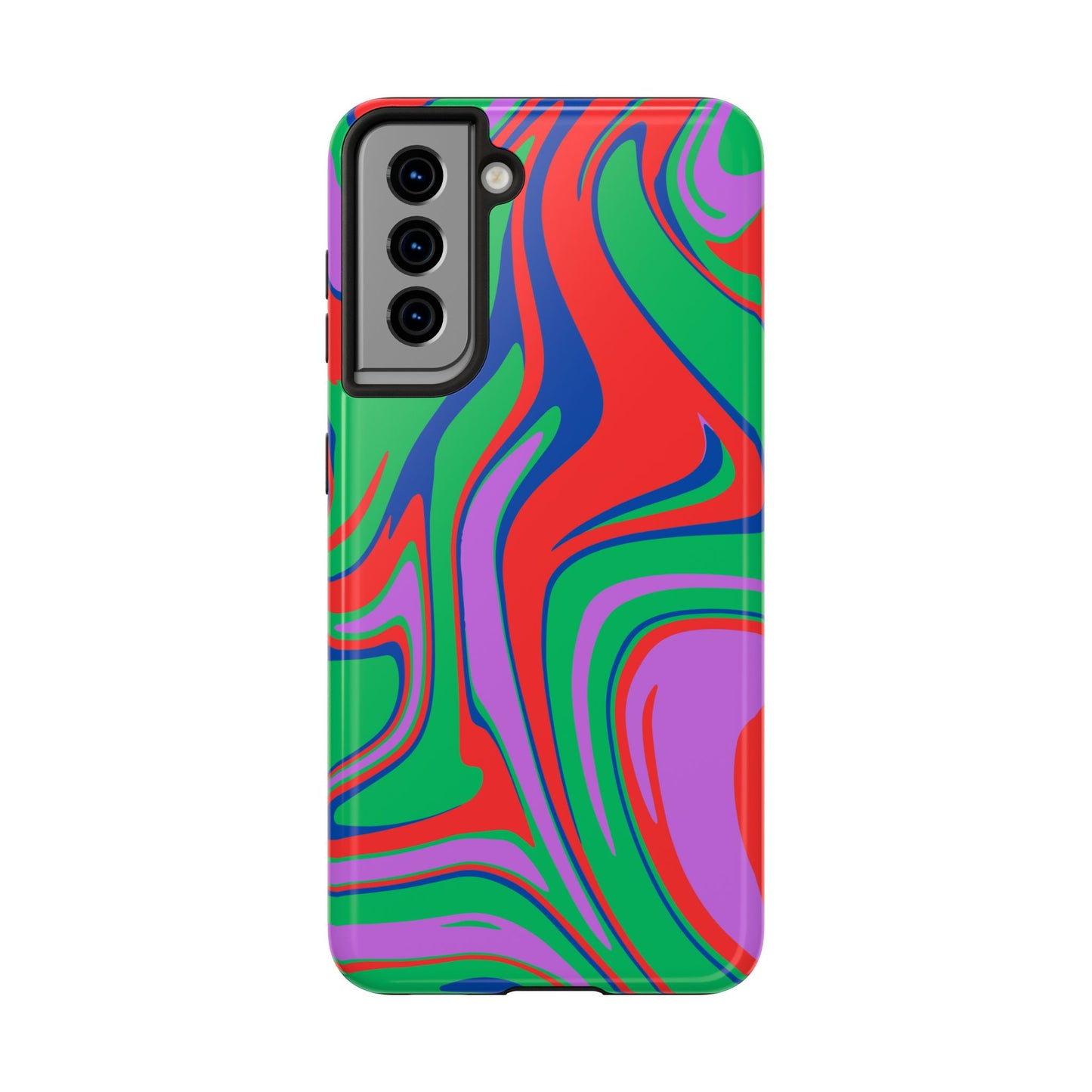 The Colorful Zebra Print Phone Case with Bold Design features a tough, impact-resistant shell and vibrant wavy lines in red, green, purple, and blue—perfect for iPhone and Samsung users looking for standout style.