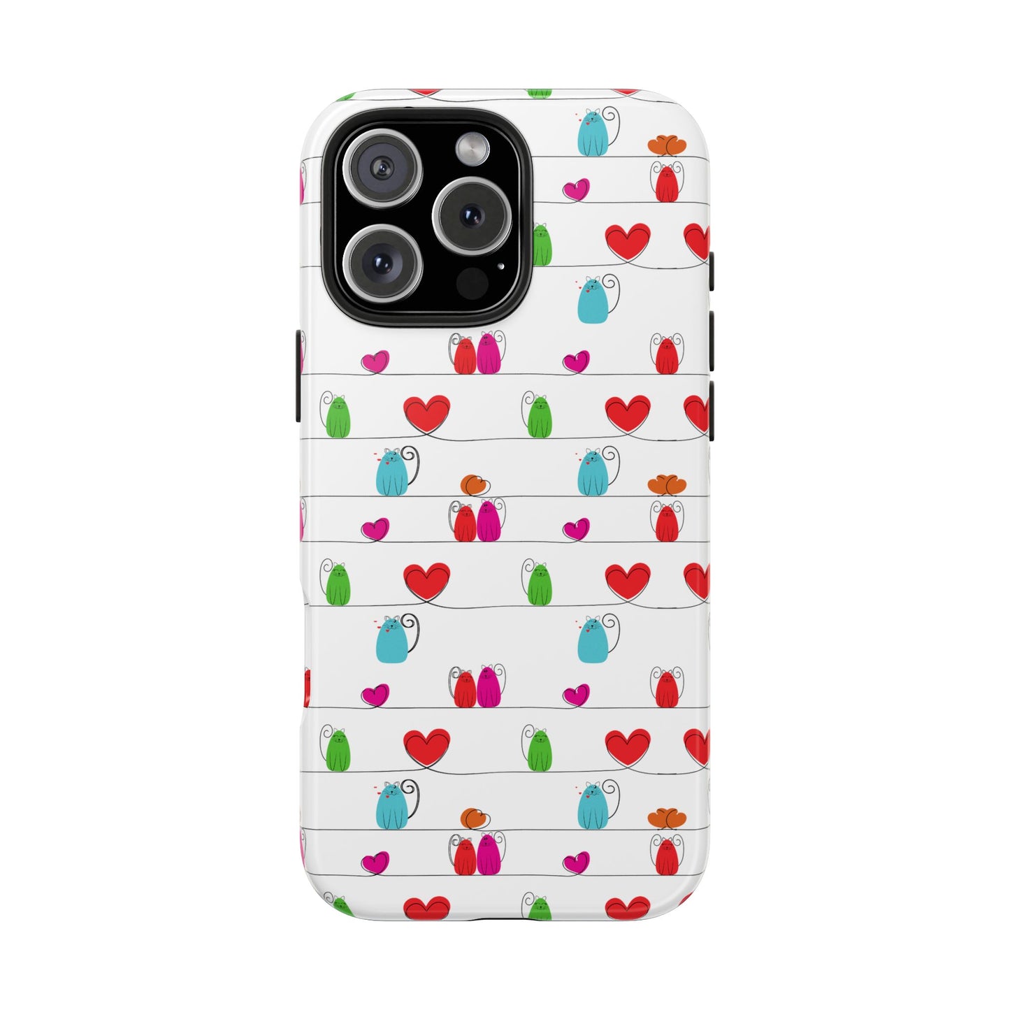 A durable phone case with a whimsical cat print, offering cute style and impact resistance; compatible with iPhone and Samsung devices.
