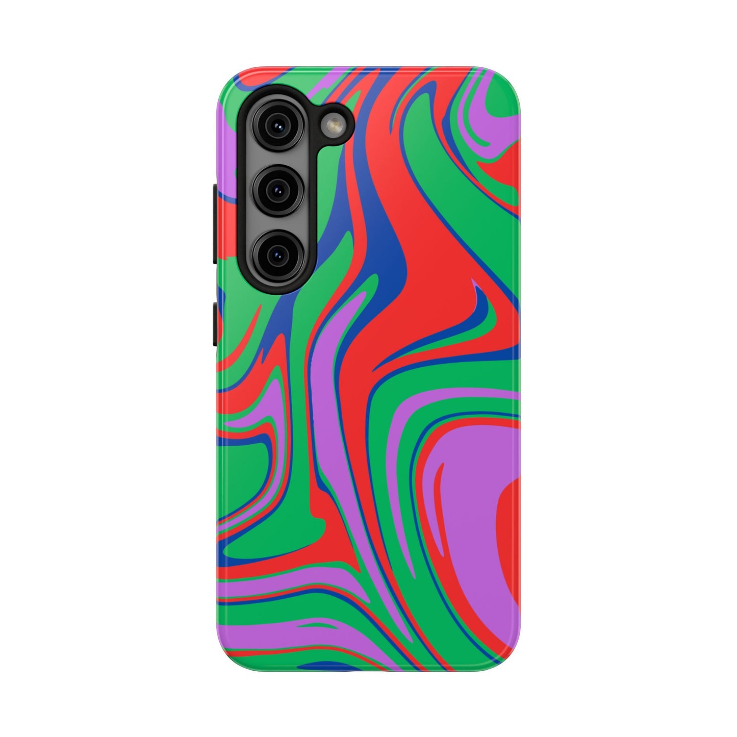 Protect your iPhone or Samsung with the Colorful Zebra Print Phone Case featuring a bold, swirling pattern in red, green, purple, and blue. This impact-resistant case covers the back and sides while keeping camera lenses visible.