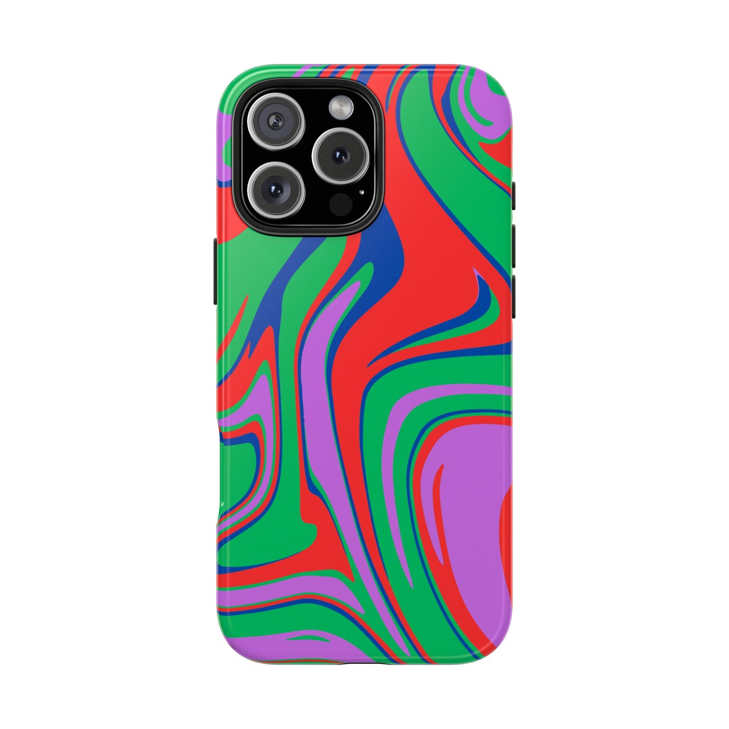 The Colorful Zebra Print Phone Case with Bold Design features a durable, impact-resistant cover with a vibrant zebra pattern in red, green, purple, and blue for iPhone and Samsung phones. It protects the back and sides while keeping camera and buttons accessible.
