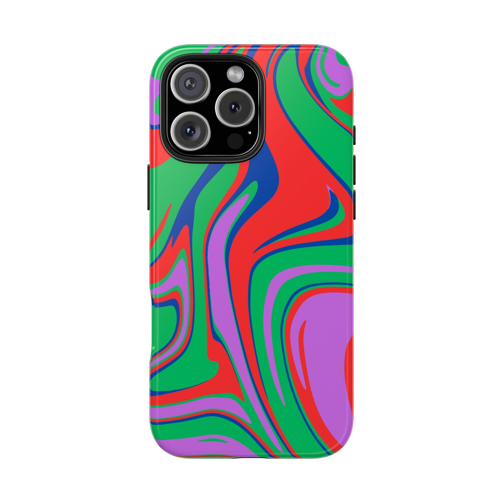 The Colorful Zebra Print Phone Case with Bold Design features a durable, impact-resistant cover with a vibrant zebra pattern in red, green, purple, and blue for iPhone and Samsung phones. It protects the back and sides while keeping camera and buttons accessible.