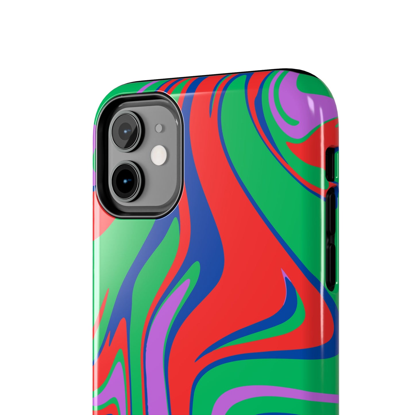 A smartphone with a Colorful Zebra Print Phone Case, featuring a bold, vibrant design. The impact-resistant case has visible camera lens and side buttons.