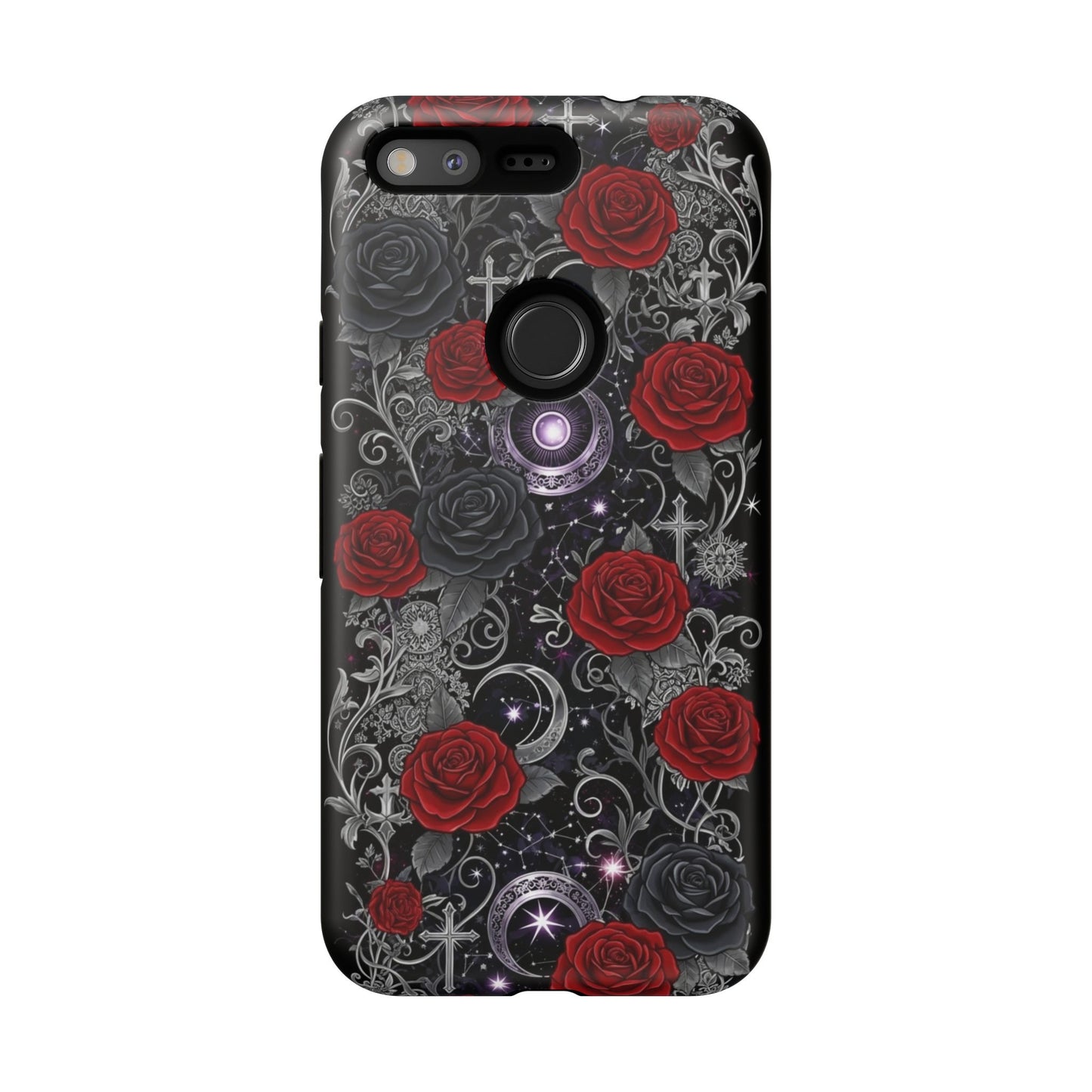 The Dark Gothic Red Roses Matte Tough Phone Case by Printify features a black background with red and black roses, silver vines, crescent moons, stars, and sparkling accents, blending a mystical style with durable protection.