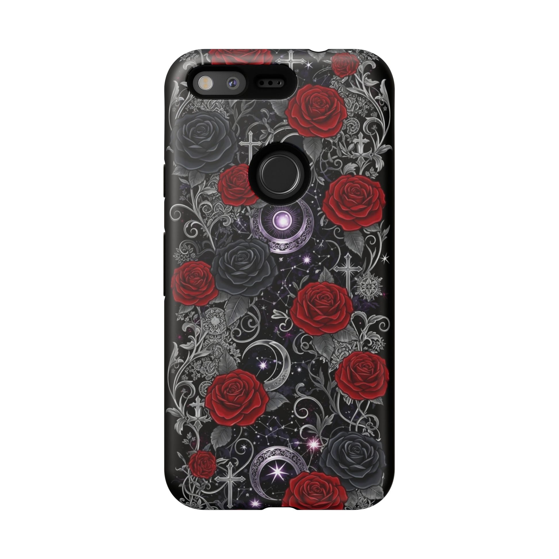 The Dark Gothic Red Roses Matte Tough Phone Case by Printify features a black background with red and black roses, silver vines, crescent moons, stars, and sparkling accents, blending a mystical style with durable protection.