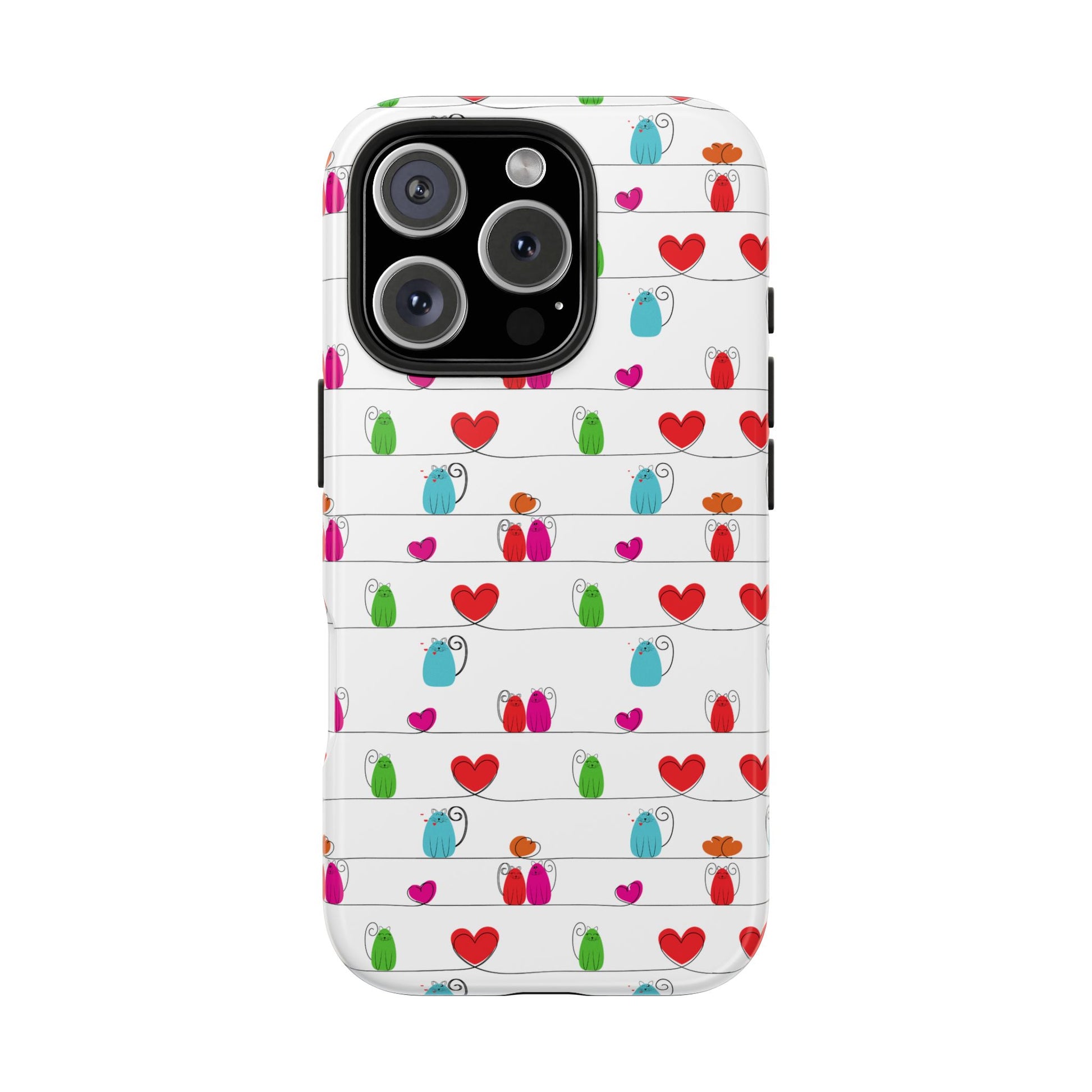 A cute, durable phone cover with a whimsical cat print. Impact-resistant and compatible with iPhone and Samsung devices.