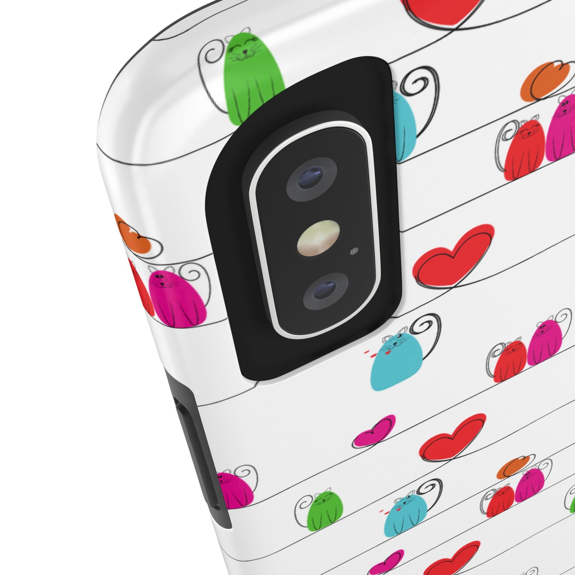 The whimsical cat print phone cover - Cute & Durable features colorful cartoon cats and red hearts near the camera, offering impact-resistant, stylish protection for iPhone and Samsung models.