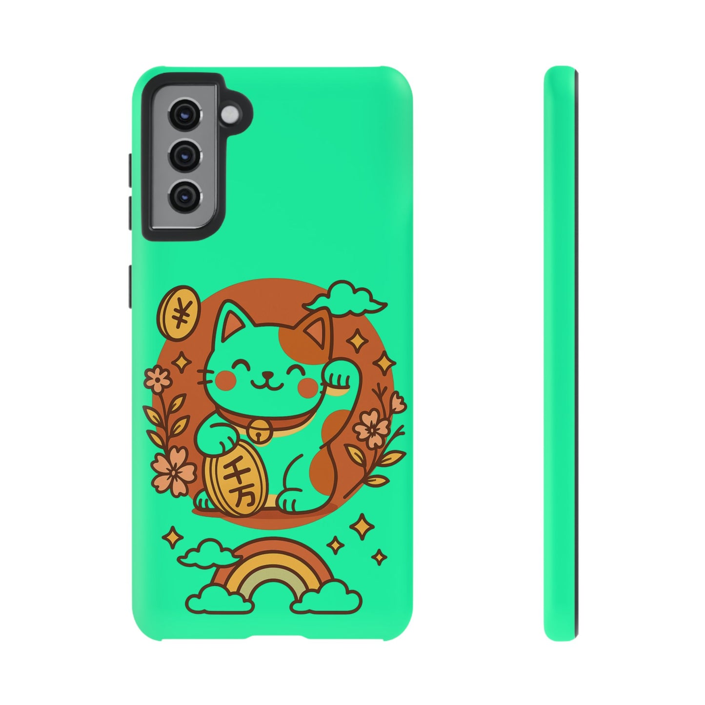 The Printify Japanese Kawaii Lucky Cat Protective Phone Case features a vibrant green design with a cute cartoon maneki-neko holding a coin, surrounded by flowers, clouds, and a rainbow, shown from the back and side.
