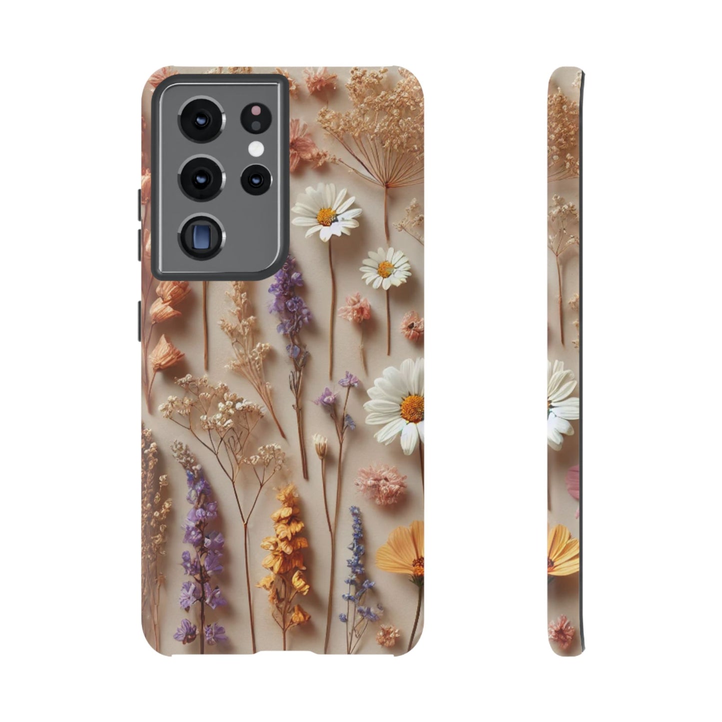 The Printify Aesthetic Pressed Flower Floral Design Phone Cover features daisies, lavender, and small white, yellow, and purple blooms on a beige background, shown from back and side views for an elegant, stylish look.