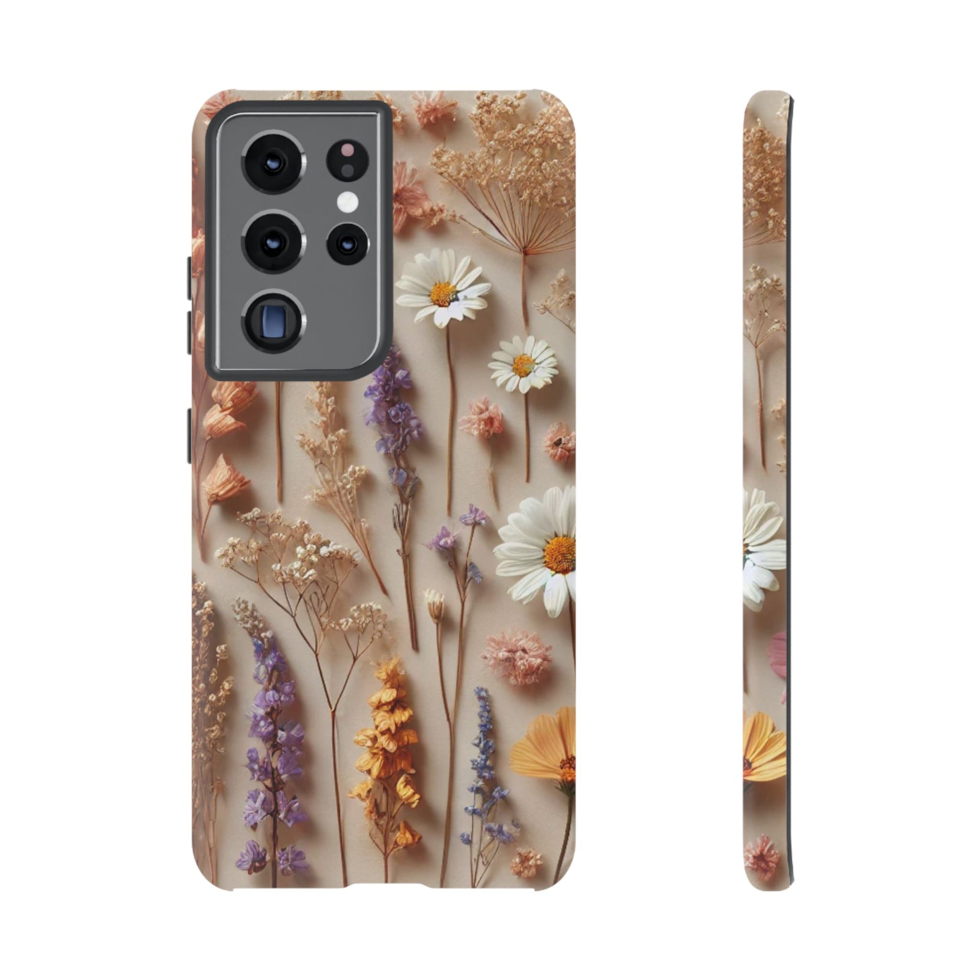 The Printify Aesthetic Pressed Flower Floral Design Phone Cover features daisies, lavender, and small white, yellow, and purple blooms on a beige background, shown from back and side views for an elegant, stylish look.