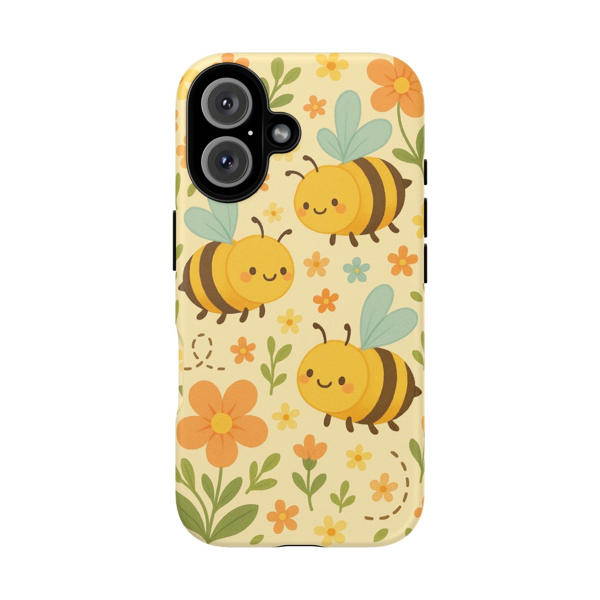 The Cute cartoon Floral Bee Tough Phone Case by Printify features smiling cartoon bees, orange and yellow flowers, and green leaves on a light yellow background—a perfect bee lovers gift.