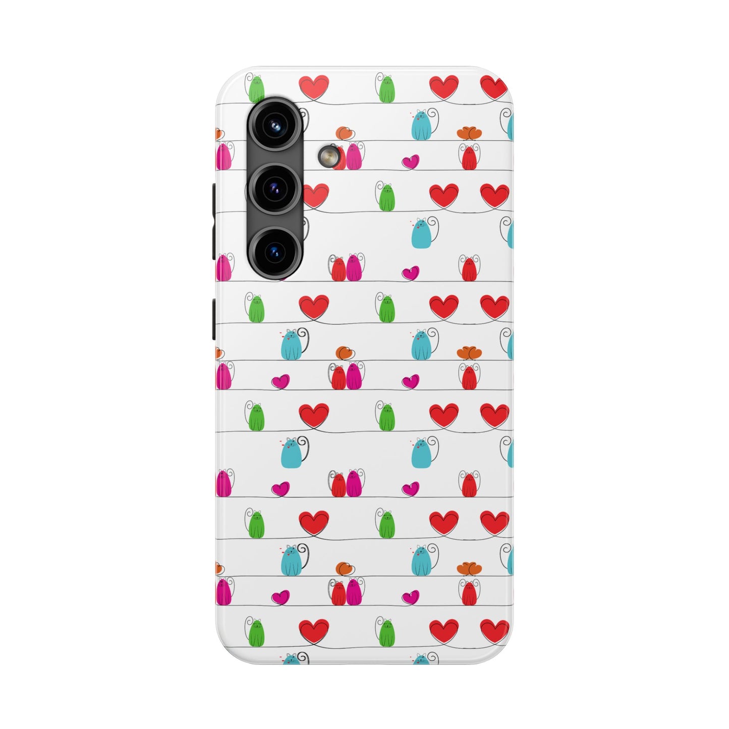A tough, impact-resistant phone cover featuring a whimsical cat print on a white background. Cute & durable, compatible with iPhone and Samsung devices.