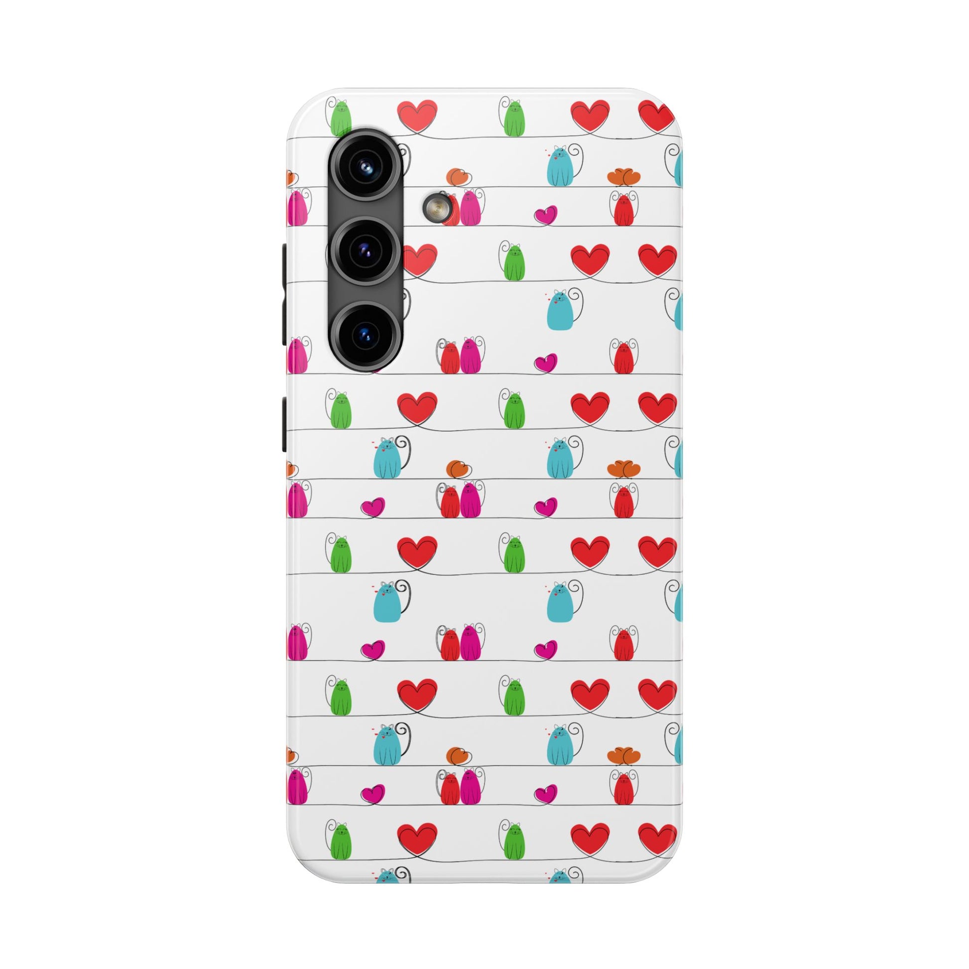 A tough, impact-resistant phone cover featuring a whimsical cat print on a white background. Cute & durable, compatible with iPhone and Samsung devices.