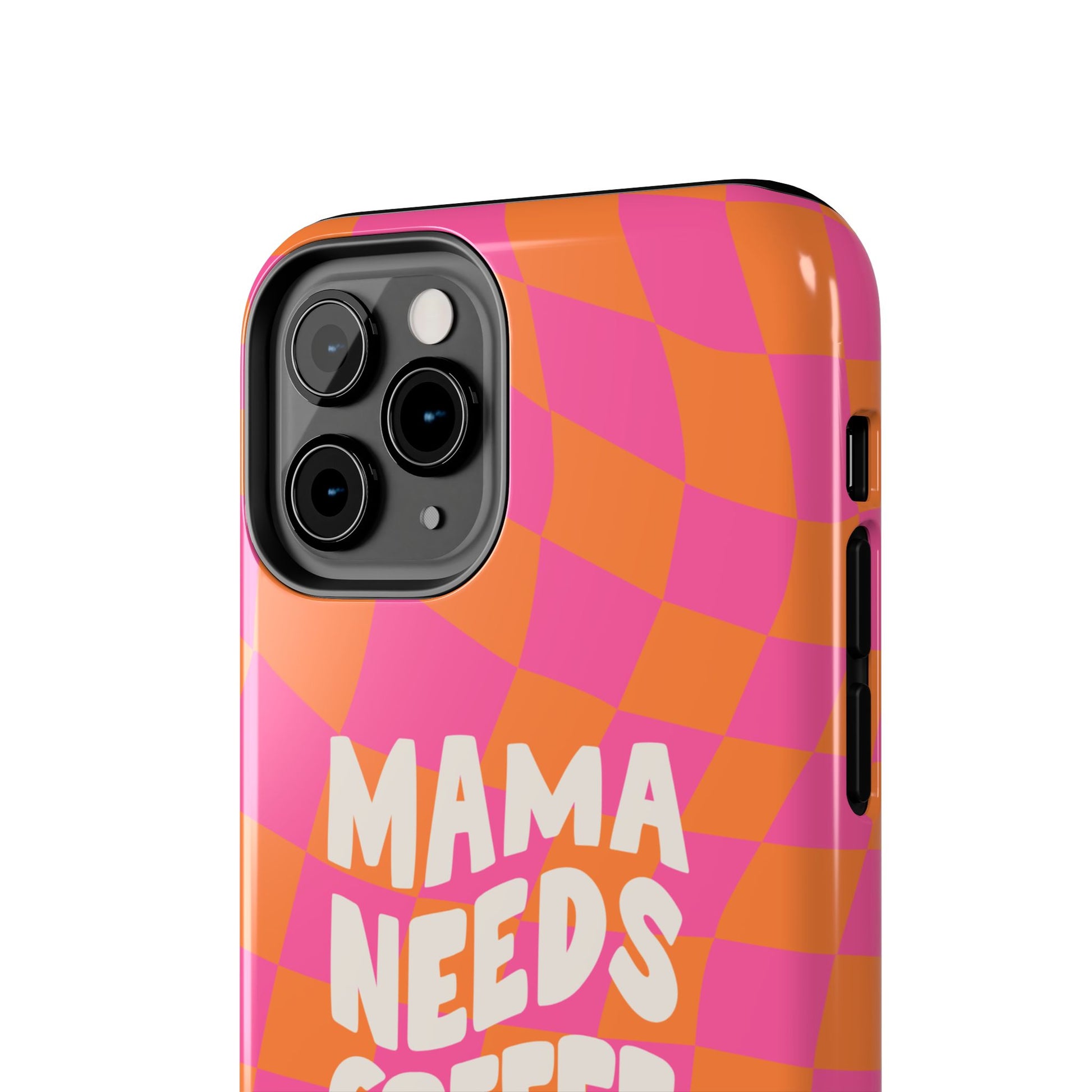 The Mama Needs Coffee Funny Tough Phone Case features a vibrant wavy orange and pink checkerboard pattern with “MAMA NEEDS COFFEE” in bold white—perfect for showcasing your coffee-loving style.
