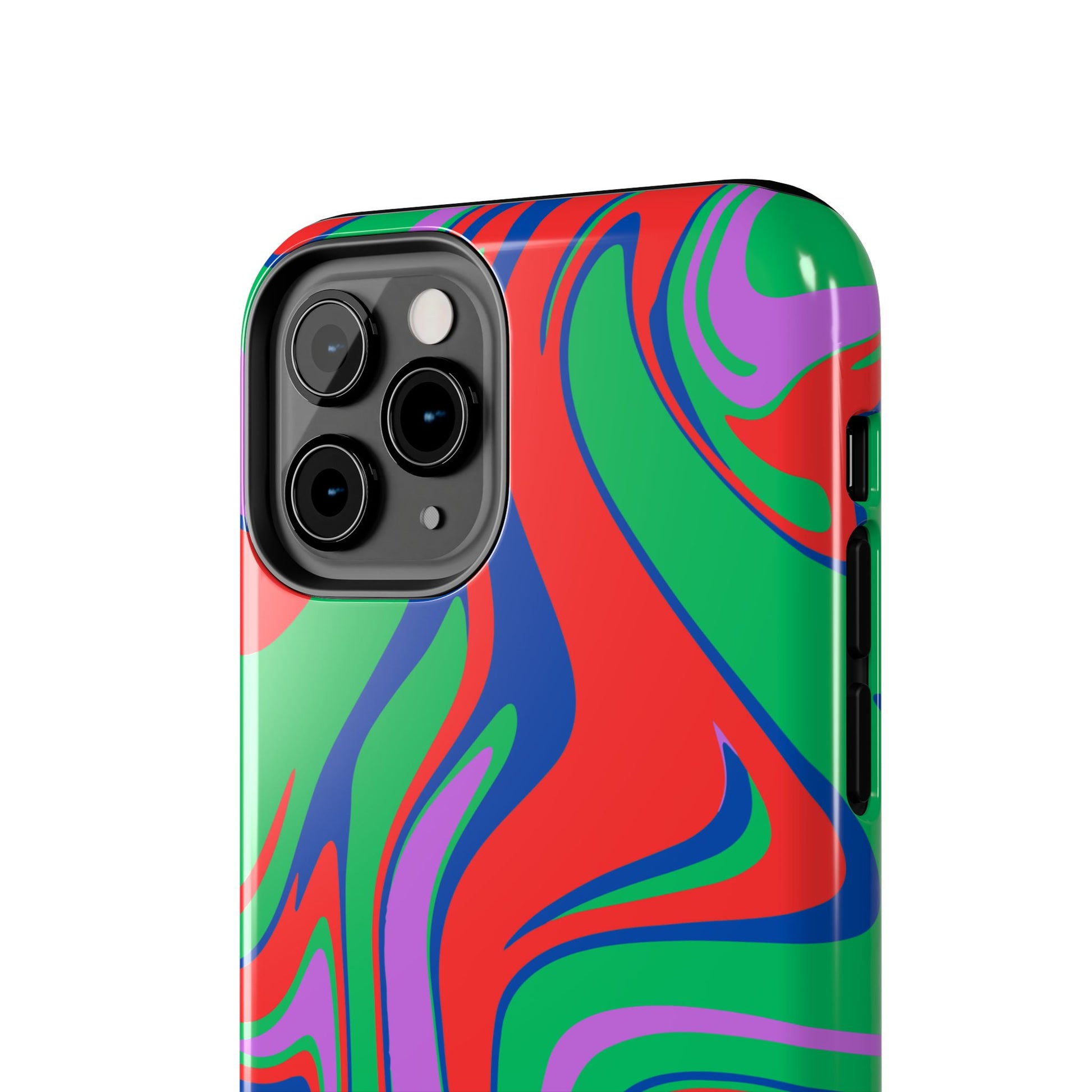 A close-up of the Colorful Zebra Print Phone Case with a bold, wavy red, green, blue, and purple pattern. This impact-resistant case fits both iPhone and Samsung phones, showing the triple camera and side buttons.