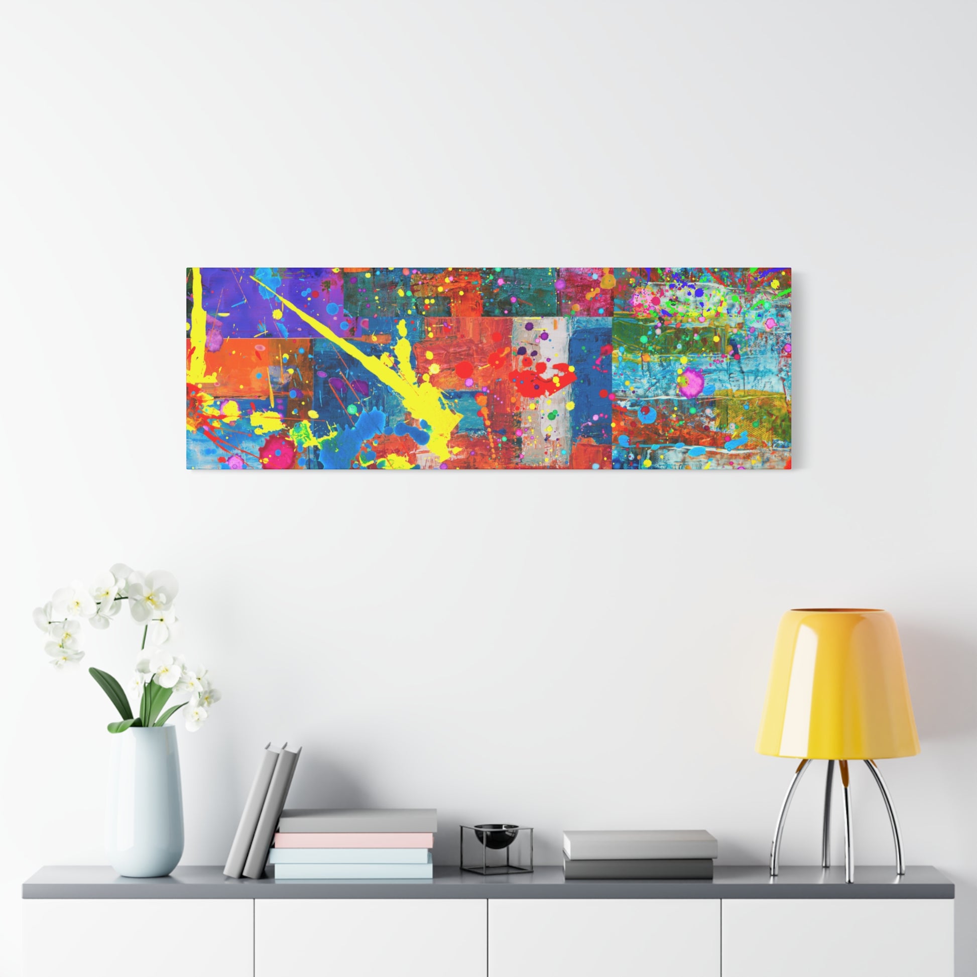Vivid Neon Chaos Canvas Print Abstract Patchwork Splatter Art - Paragon Prints