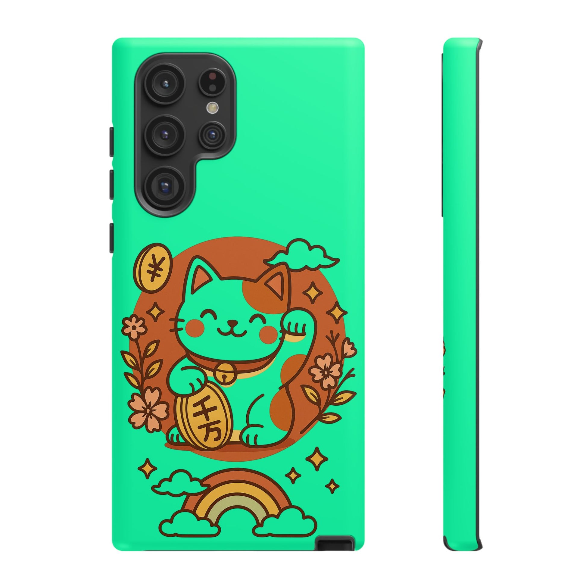 The Printify Japanese Kawaii Lucky Cat Protective Phone Case features a bright green dual-layer design with a cute smiling maneki-neko holding a coin, surrounded by flowers, clouds, and a rainbow with gold and brown accents. Back and side views shown.