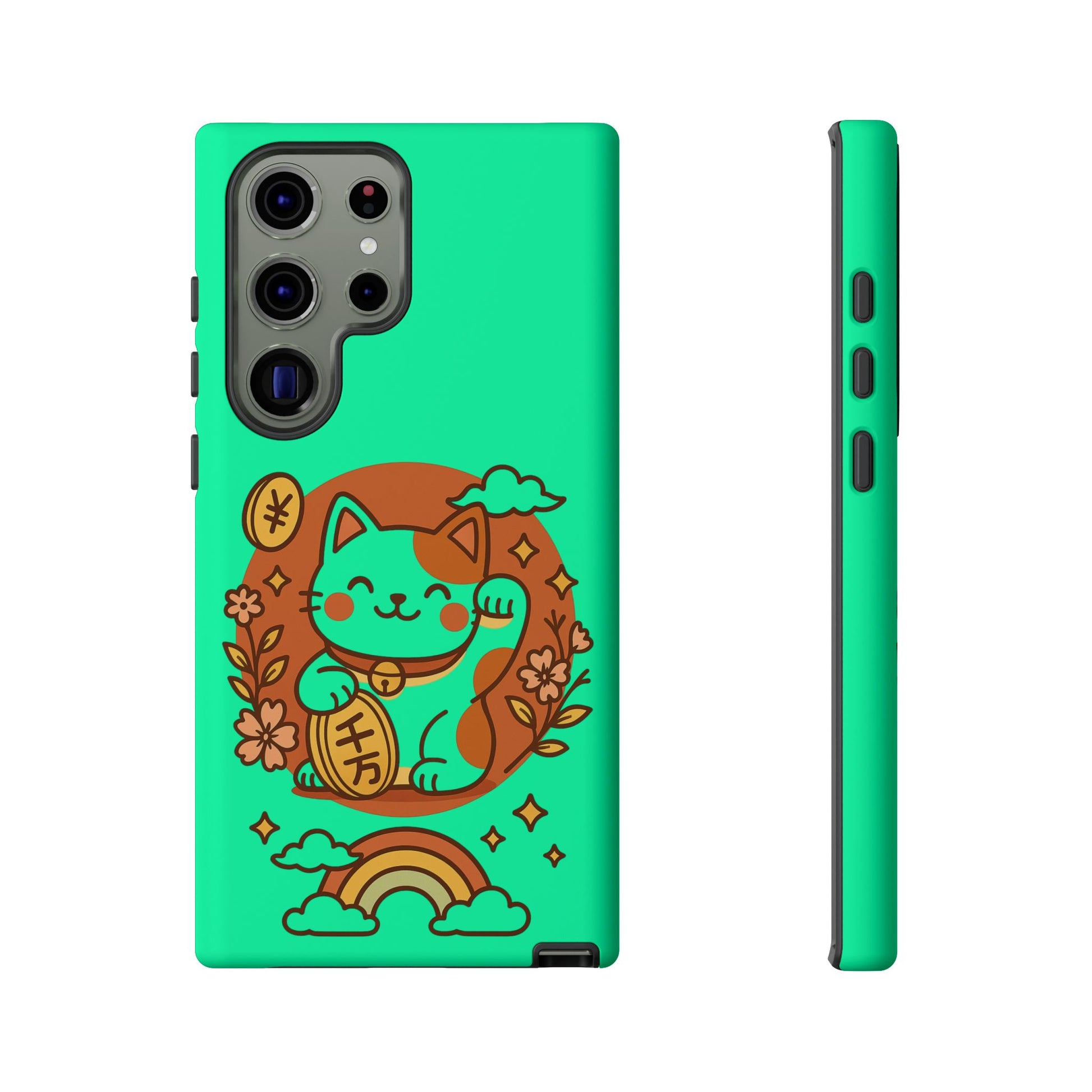 The Printify Japanese Kawaii Lucky Cat Protective Phone Case showcases a cute cartoon lucky cat with a gold coin, flowers, clouds, and a rainbow on a green dual-layer design, featuring precise cutouts and a slim profile.