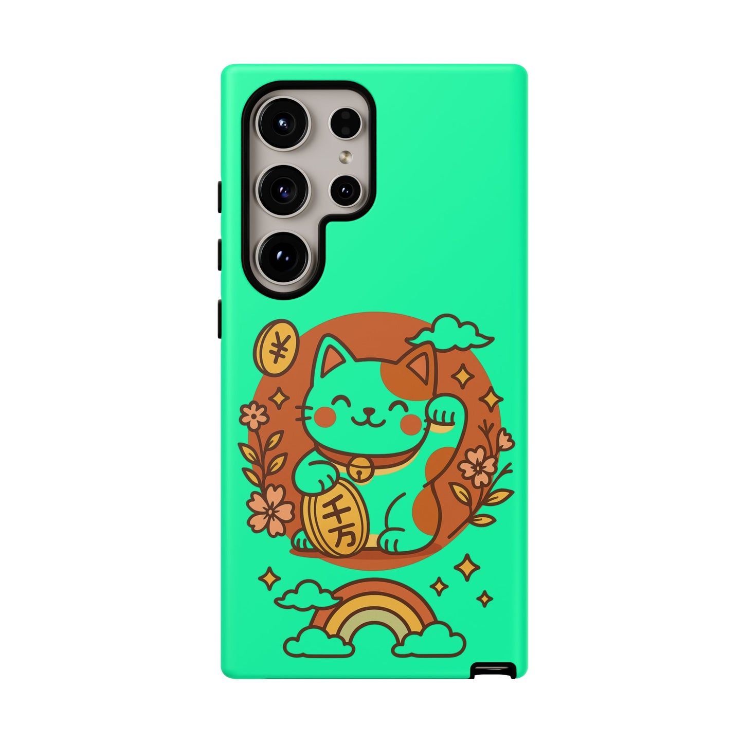 The Printify Japanese Kawaii Lucky Cat Protective Phone Case is turquoise and wireless charging compatible, featuring a cute orange and white lucky cat with a raised paw, surrounded by flowers, coins, and a rainbow on an orange circle background.