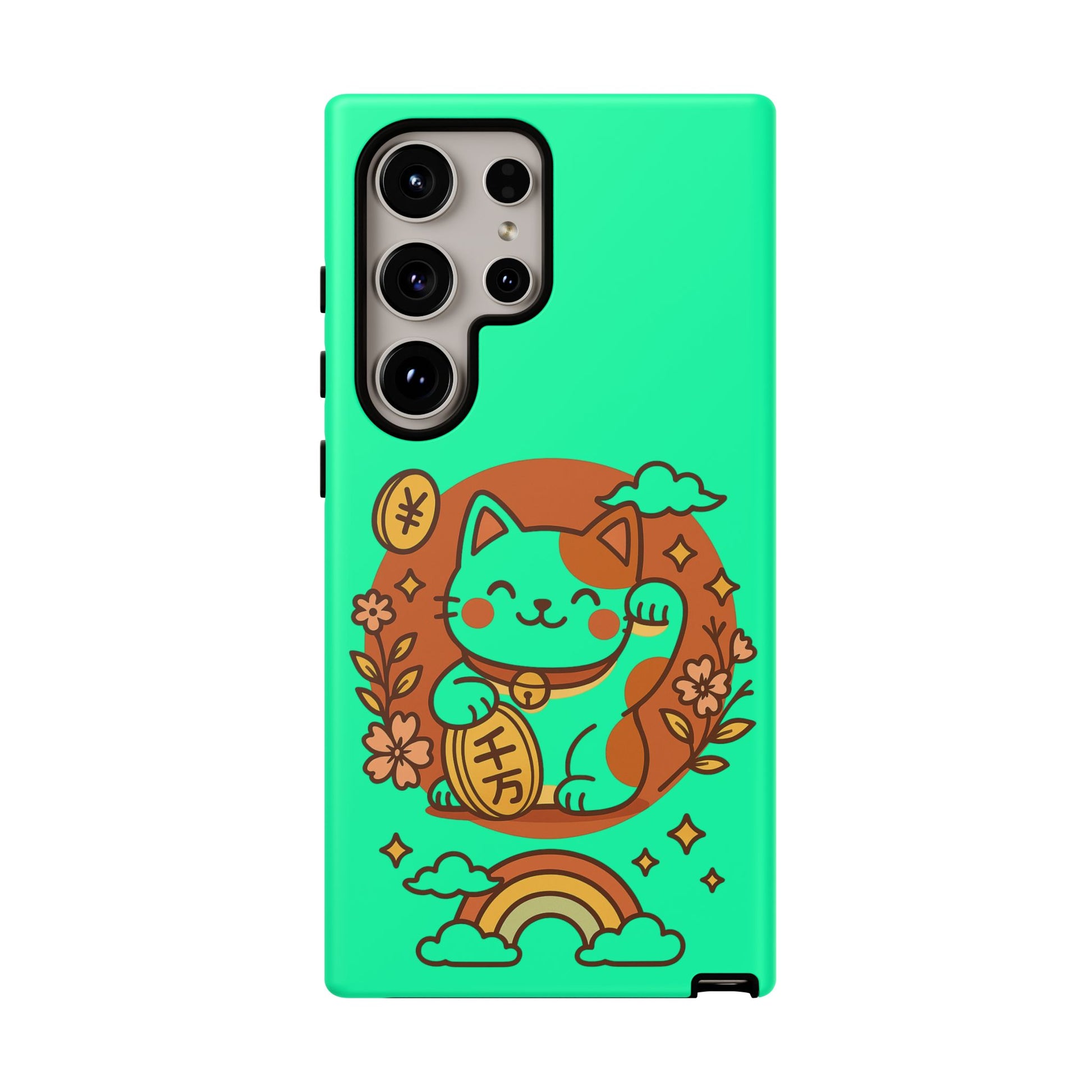 The Printify Japanese Kawaii Lucky Cat Protective Phone Case is turquoise and wireless charging compatible, featuring a cute orange and white lucky cat with a raised paw, surrounded by flowers, coins, and a rainbow on an orange circle background.