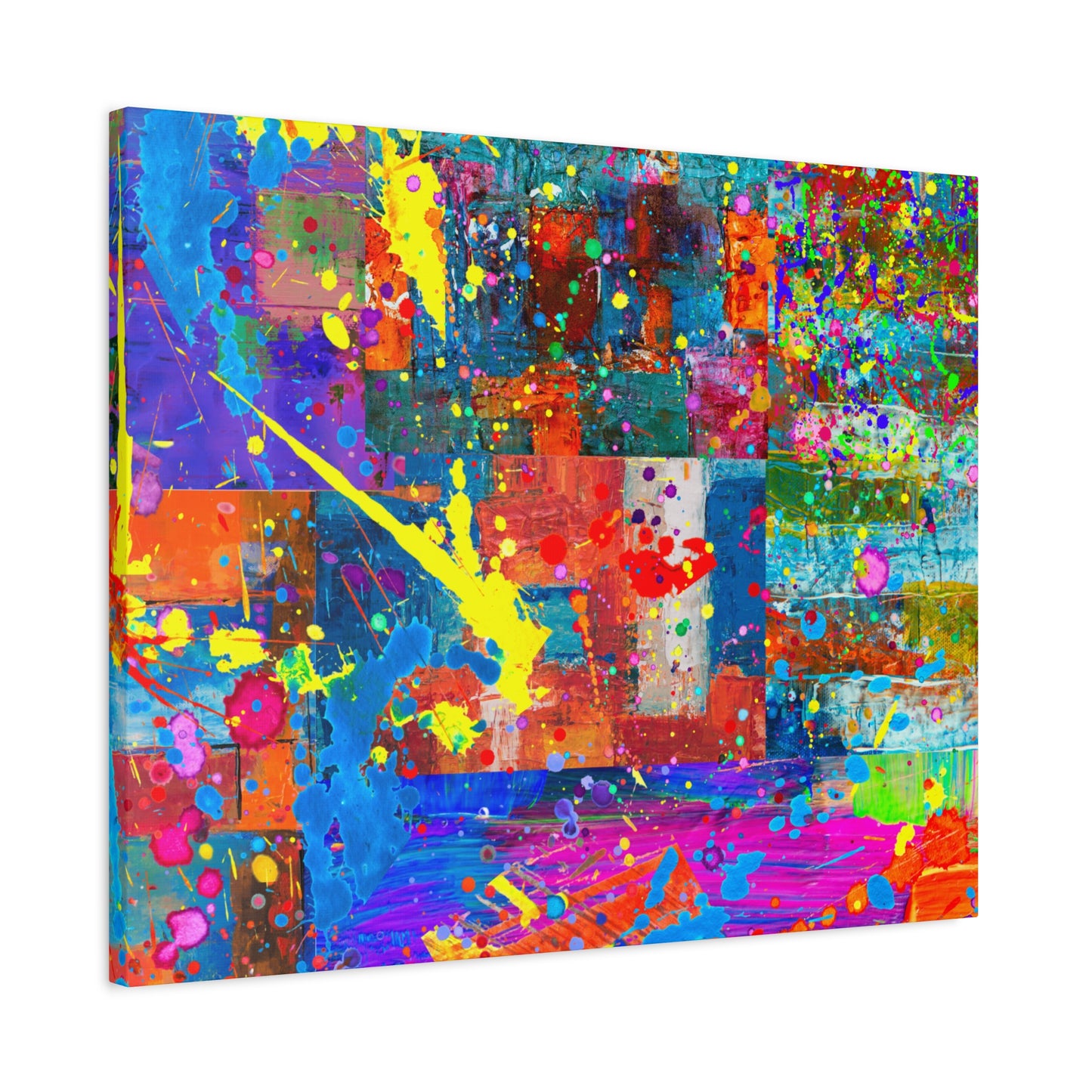 Vivid Neon Chaos Canvas Print Abstract Patchwork Splatter Art - Paragon Prints