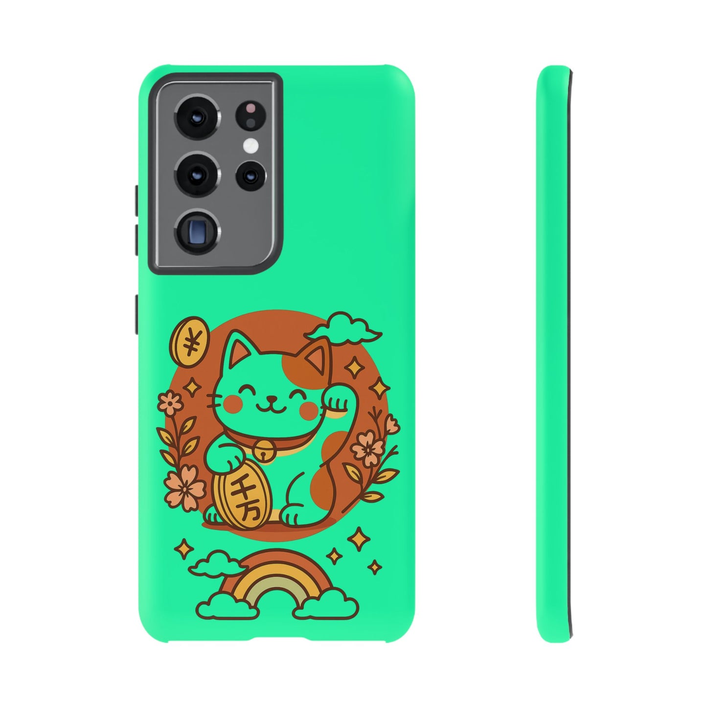 The Printify Japanese Kawaii Lucky Cat Protective Phone Case features a cute cartoon lucky cat with a coin, flowers, clouds, and a rainbow on a green dual-layer design with orange and yellow details. Side and back views are shown.