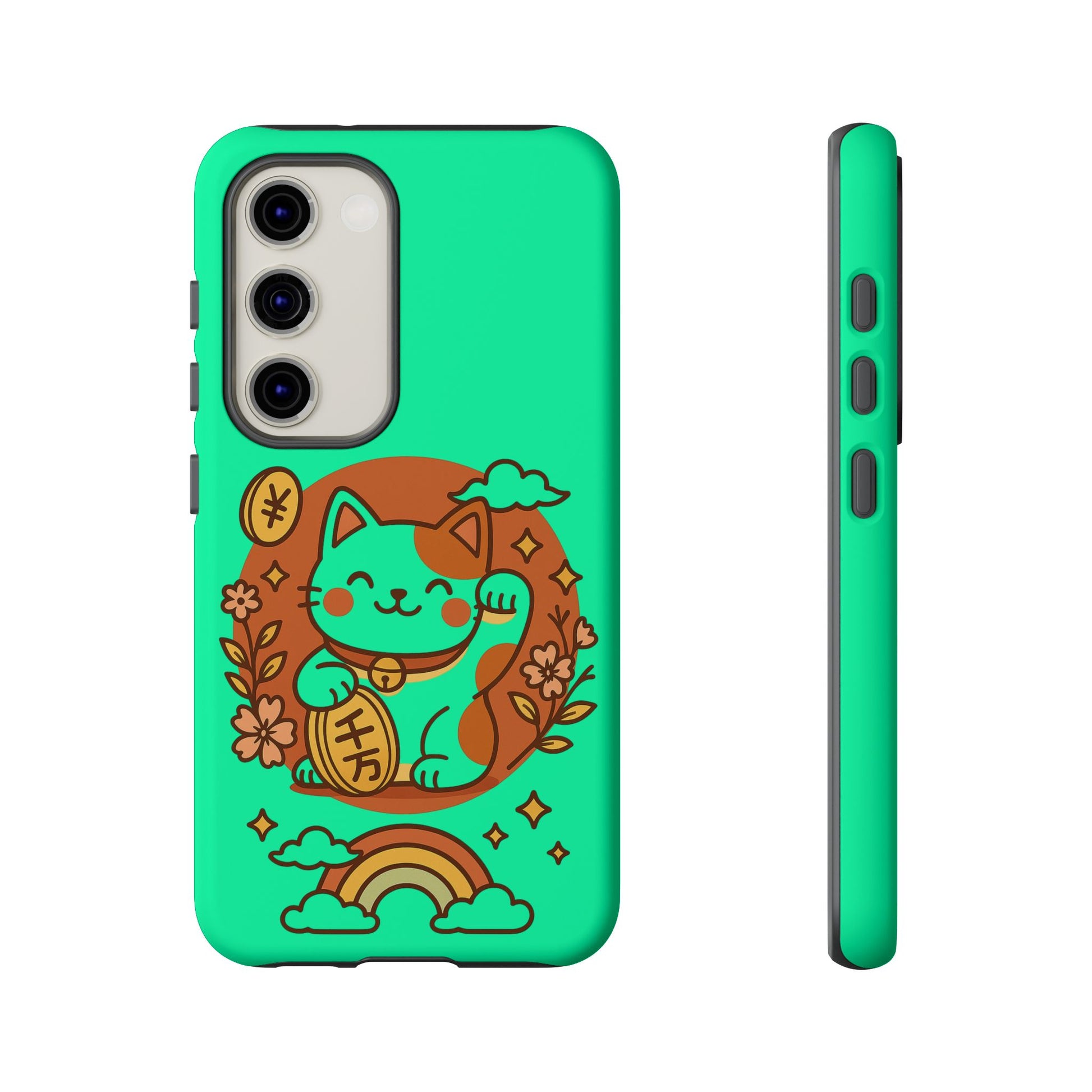 The Printify Japanese Kawaii Lucky Cat Protective Phone Case features a green dual-layer design with a smiling cat holding a coin, surrounded by flowers, leaves, and a rainbow, shown from the back and side.