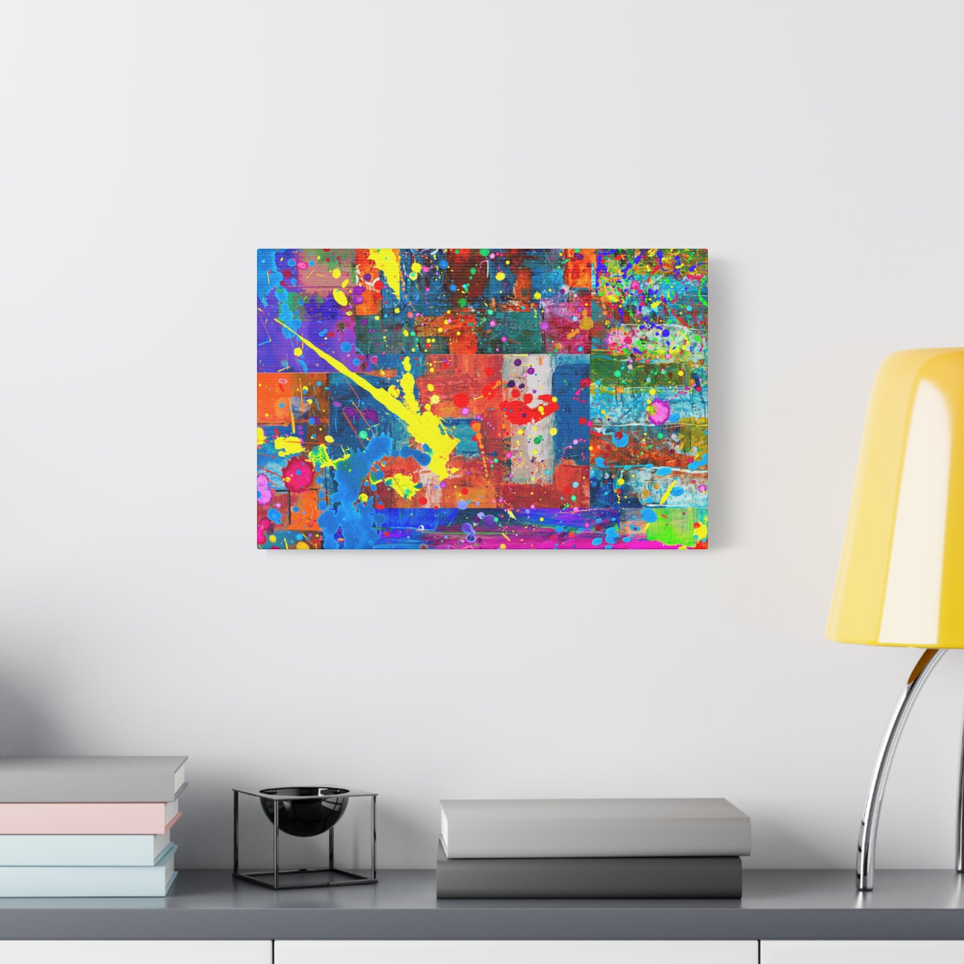 Vivid Neon Chaos Canvas Print Abstract Patchwork Splatter Art - Paragon Prints