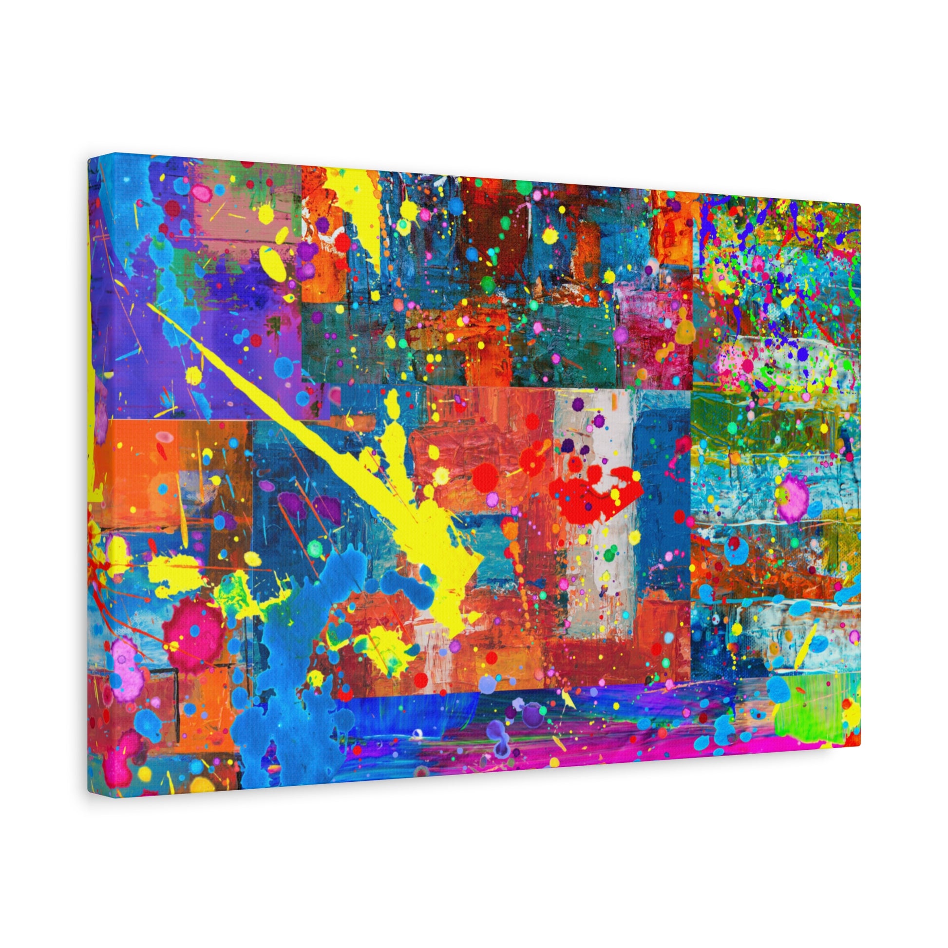 Vivid Neon Chaos Canvas Print Abstract Patchwork Splatter Art - Paragon Prints