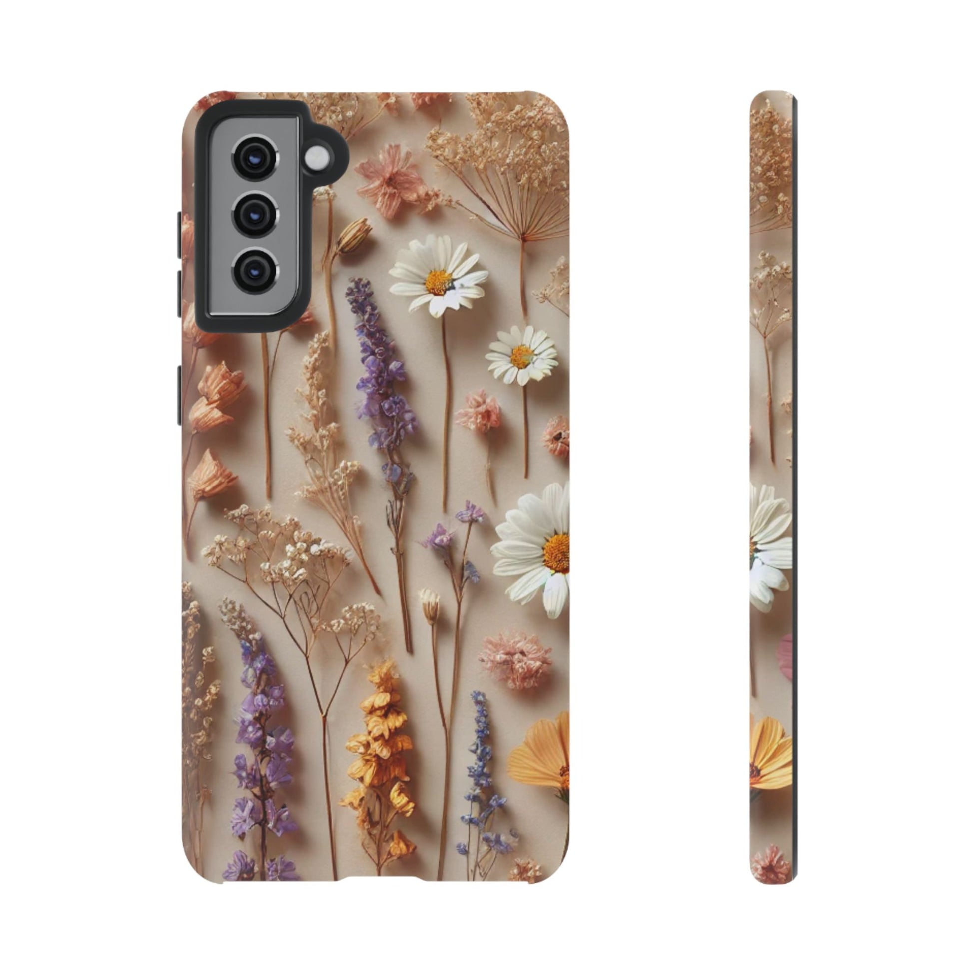The Aesthetic Pressed Flower Floral Design Phone Cover by Printify features real pressed flowers in purple, white, yellow, and orange on a beige background, with the elegant pattern wrapping around the edges for a stylish look.