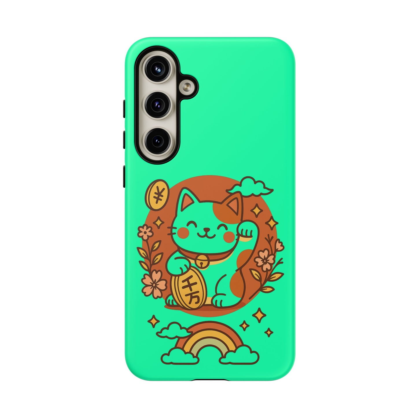 The Printify Japanese Kawaii Lucky Cat Protective Phone Case features a mint green design with a cute cartoon lucky cat waving, surrounded by flowers, a gold coin, rainbow, and clouds.