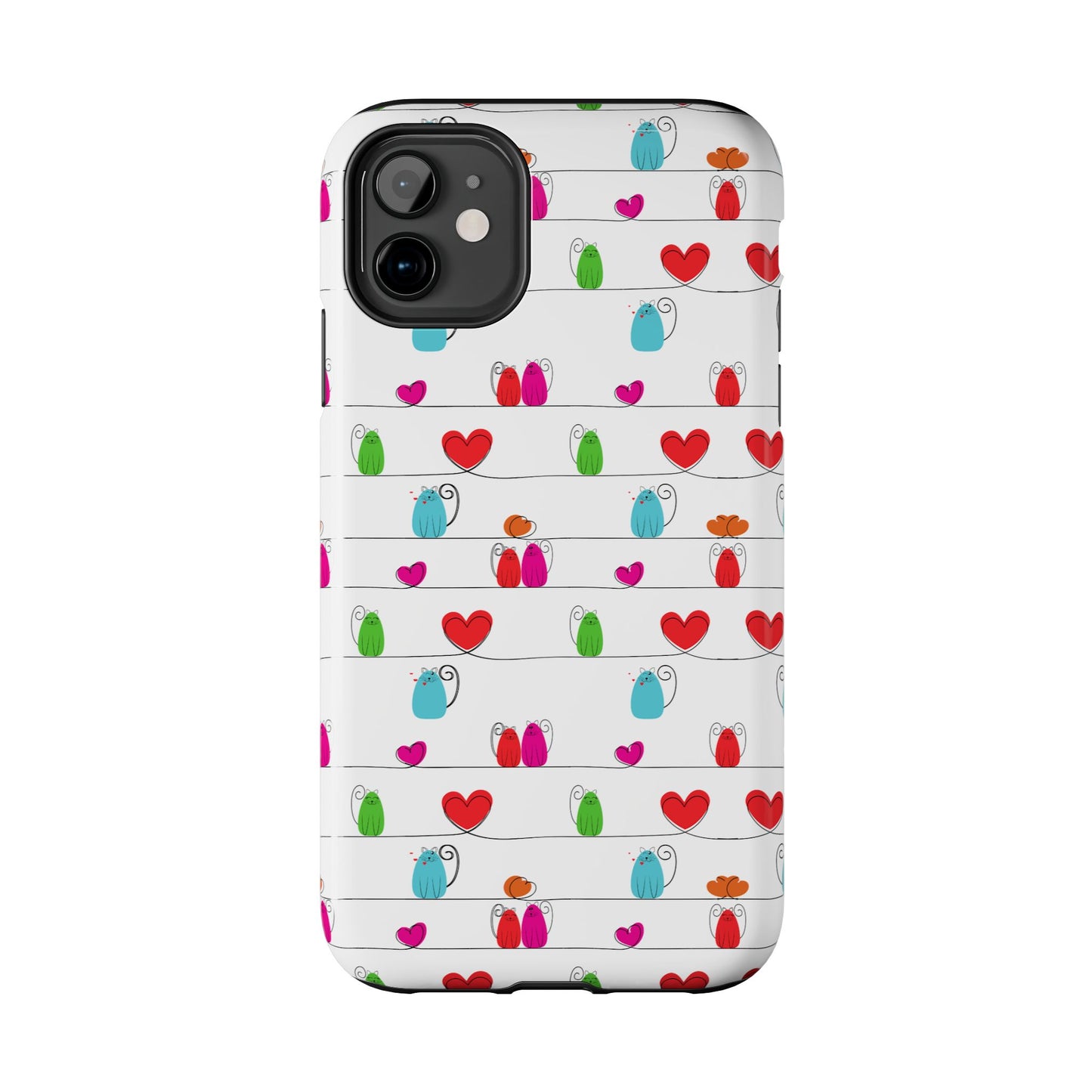 The whimsical cat print phone cover – Cute & Durable – features playful cats on a white background, blending style and protection. Compatible with iPhone and Samsung.