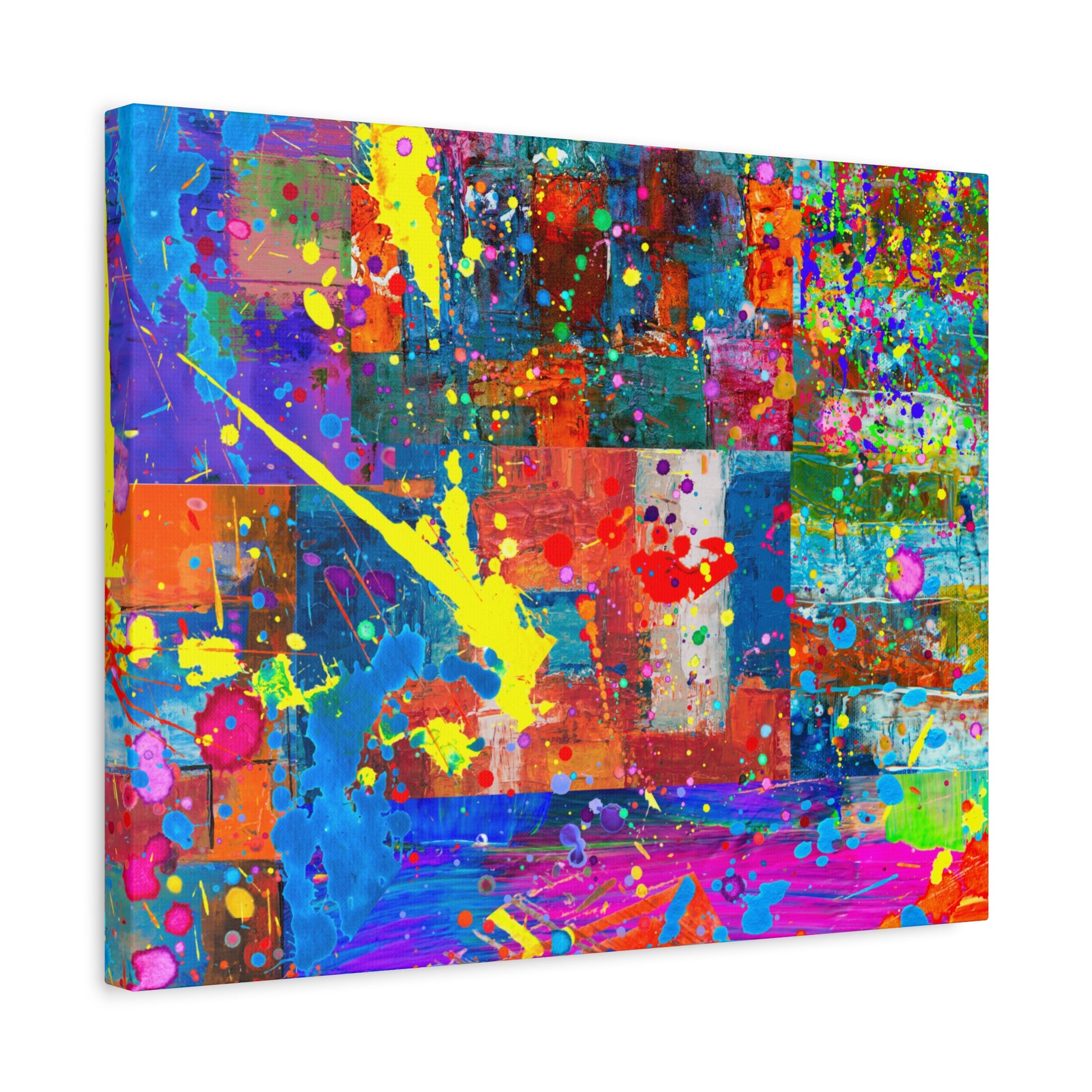 Vivid Neon Chaos Canvas Print Abstract Patchwork Splatter Art - Paragon Prints