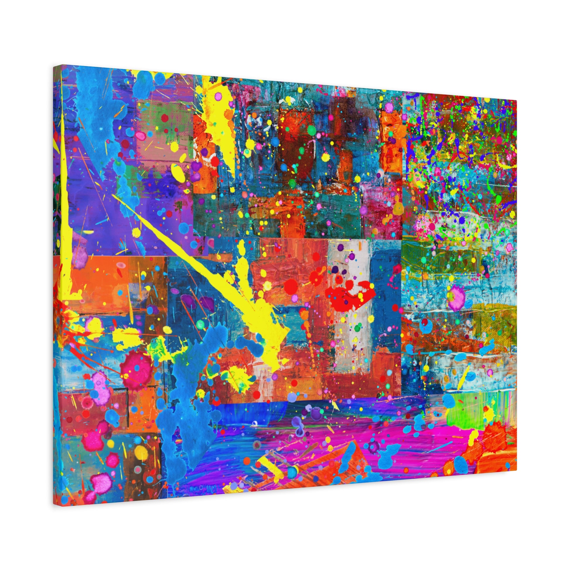 Vivid Neon Chaos Canvas Print Abstract Patchwork Splatter Art - Paragon Prints