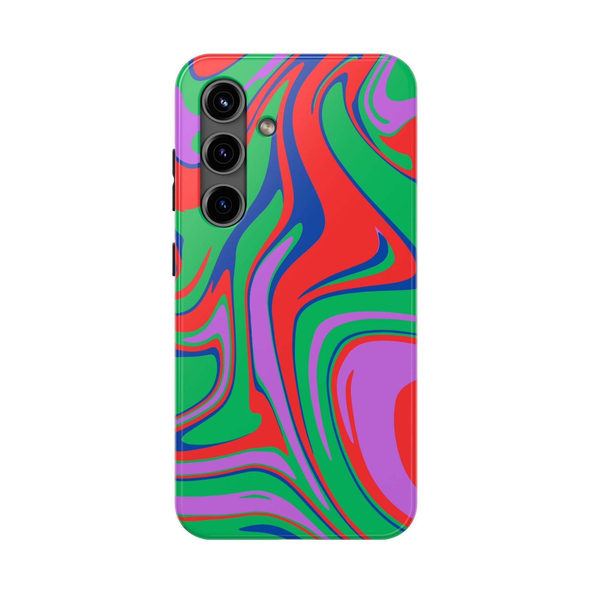 The Colorful Zebra Print Phone Case with Bold Design features a vibrant abstract swirl in red, green, purple, and blue, fits iPhone and Samsung models, is impact-resistant, and has cutouts for three vertically aligned rear cameras on white.