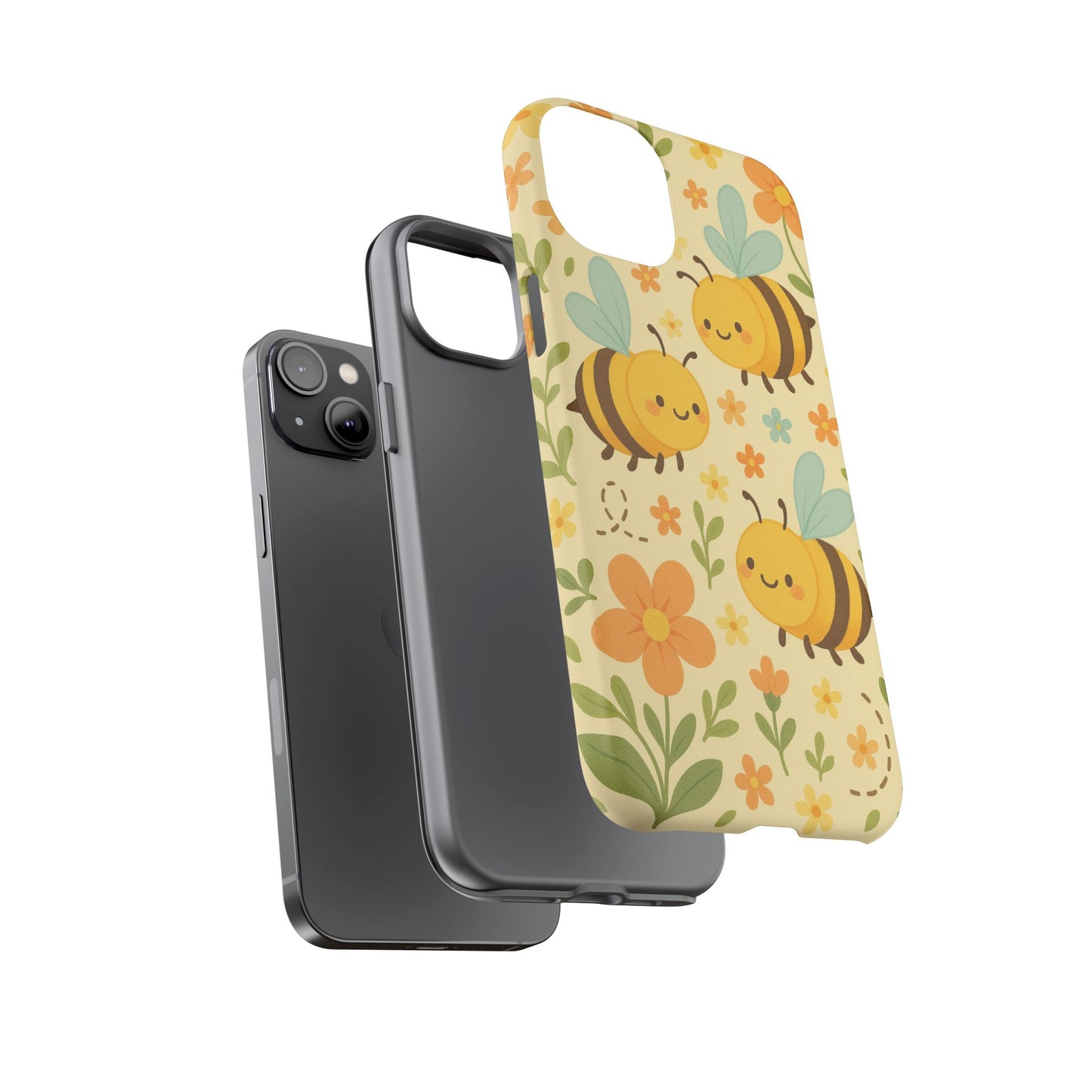 The Cute cartoon Floral Bee Tough Phone Case by Printify rests next to a black smartphone and a plain tough case, all displayed on a white background—a perfect gift for bee lovers.