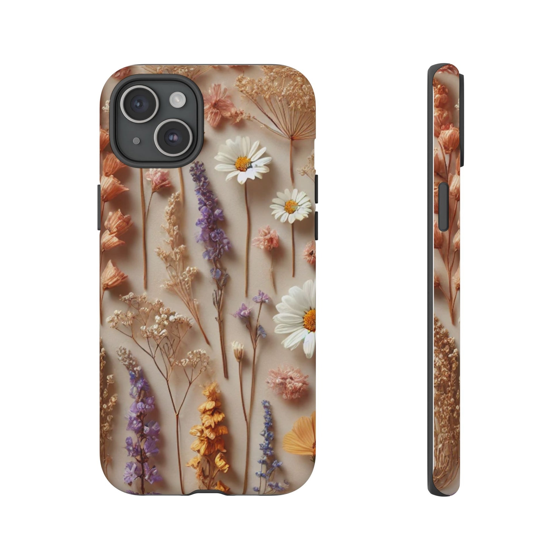 The Printify Aesthetic Pressed Flower Floral Design Phone Cover displays its back and side views, featuring daisies, purple lavender, orange blooms, and beige sprigs, set against a light background for a charming look.