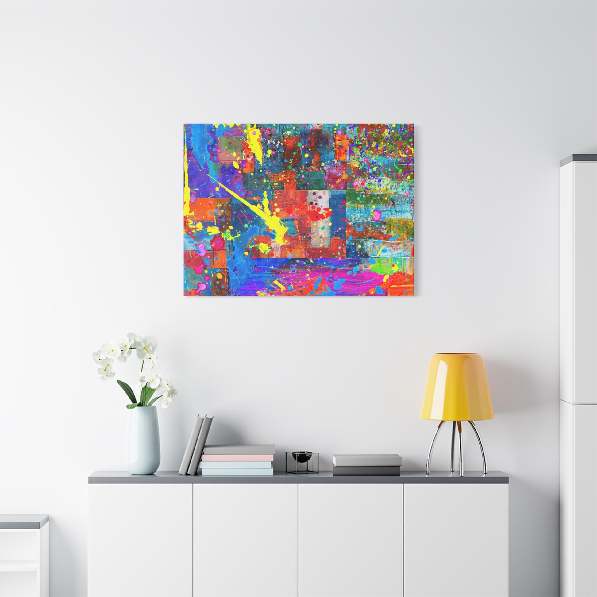 Vivid Neon Chaos Canvas Print Abstract Patchwork Splatter Art - Paragon Prints