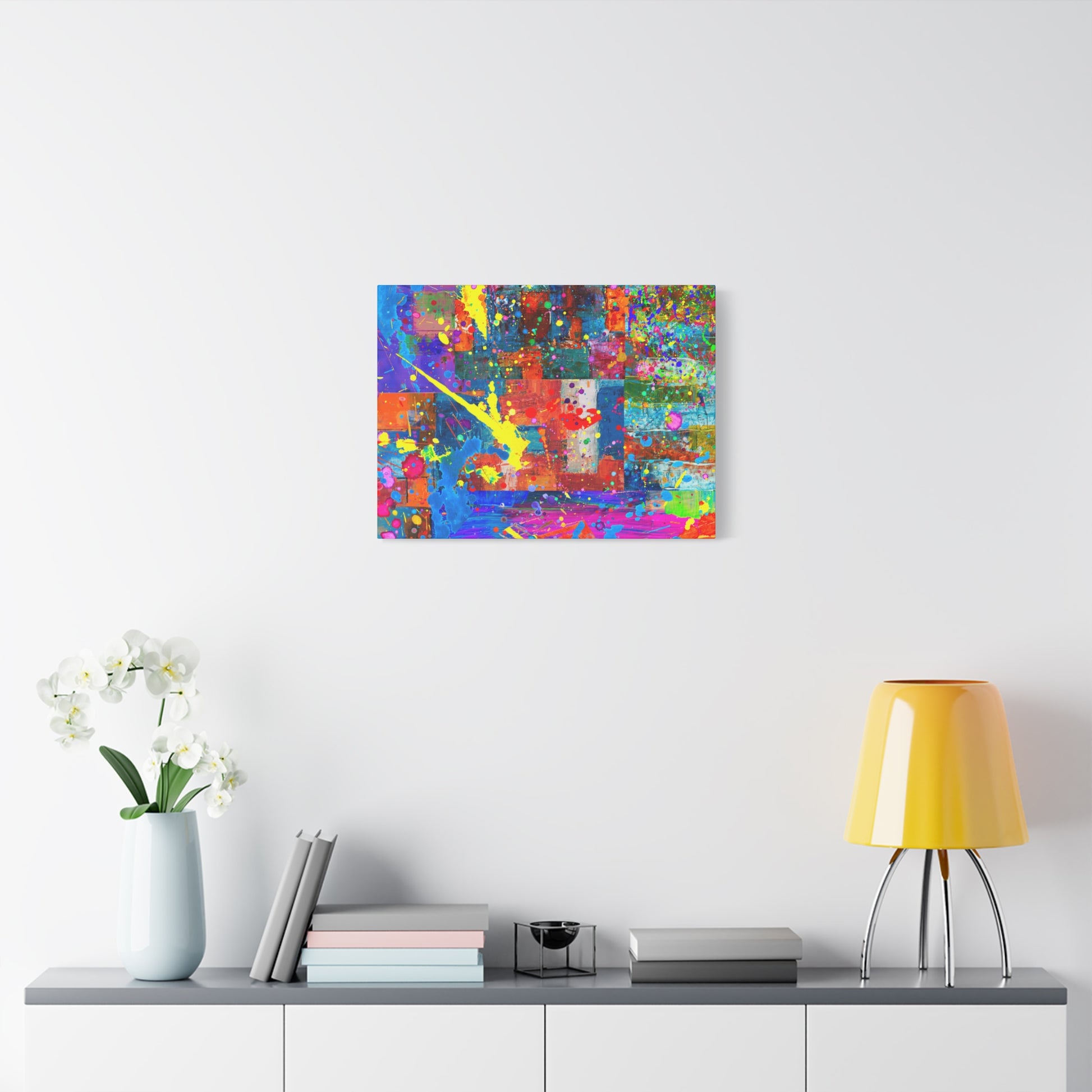 Vivid Neon Chaos Canvas Print Abstract Patchwork Splatter Art - Paragon Prints