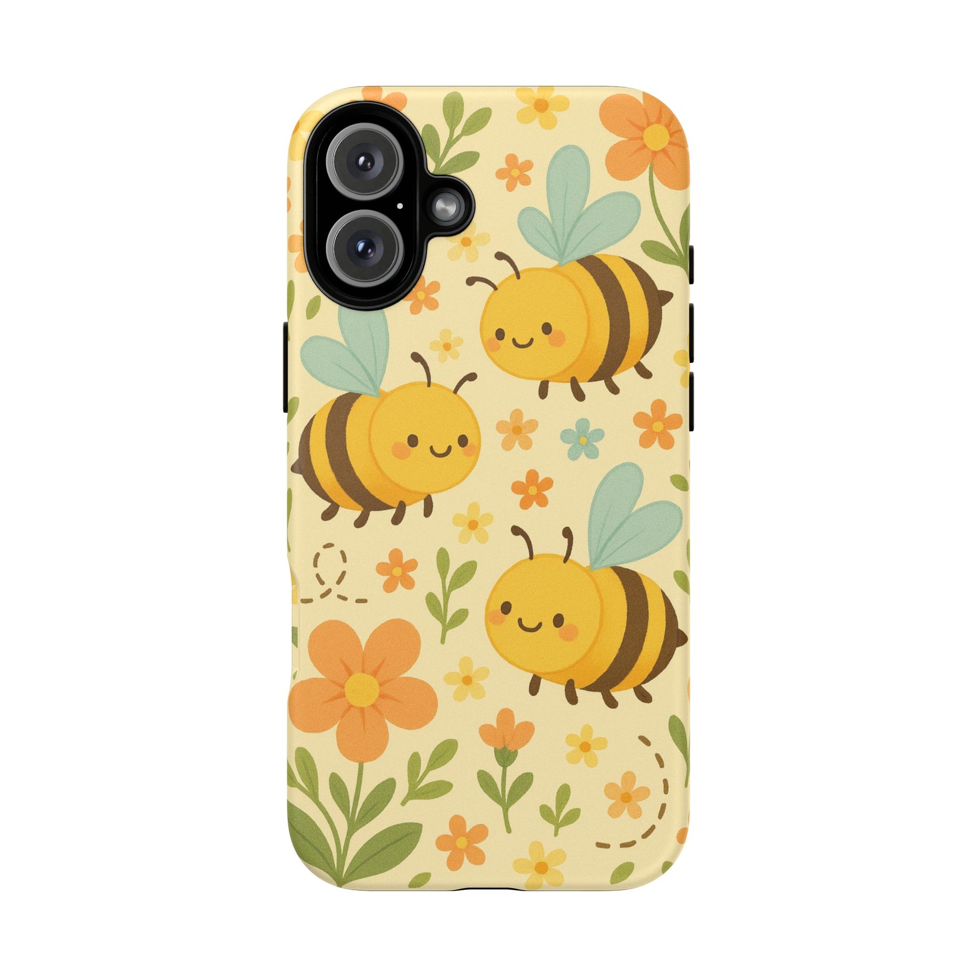 The Printify Cute Cartoon Floral Bee Tough Phone Case features smiling bees with blue wings among orange and yellow flowers—a whimsical floral design that makes a perfect gift for bee lovers.