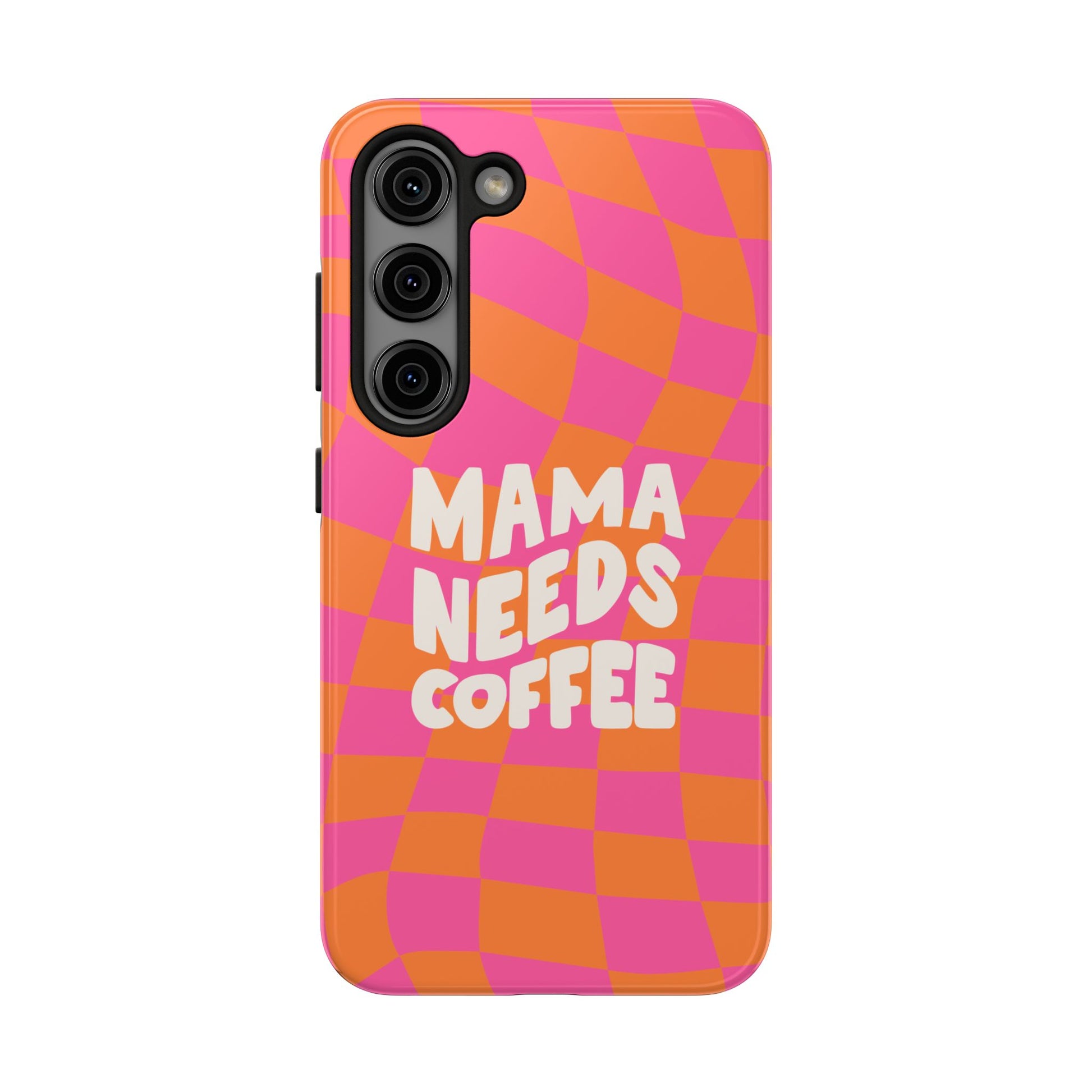 Brighten your day with the Mama Needs Coffee Funny Tough Phone Case, showcasing a pink and orange wavy checker pattern and the bold phrase "MAMA NEEDS COFFEE" in white letters.