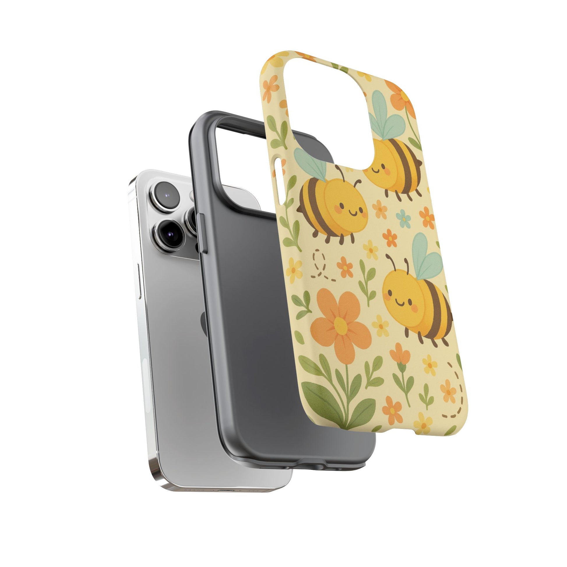 Three Printify phone cases are stacked above a silver iPhone: the top is a Cute cartoon Floral Bee Tough Phone Case, ideal for bee lovers, while the others include a black tough case and a sleek clear case.