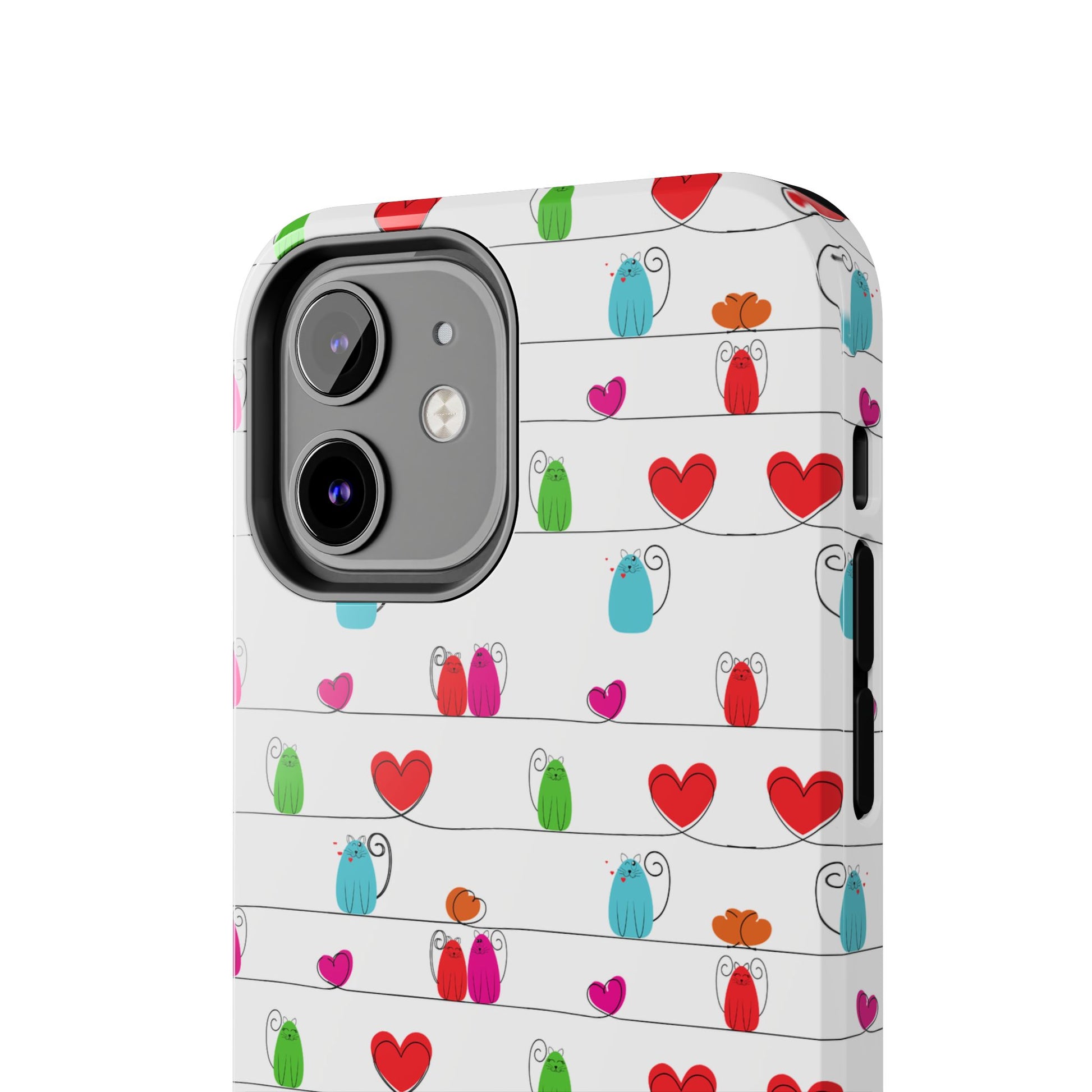 A playful, whimsical cat print phone cover featuring cute cartoon cats and red hearts on a white background. This cute and durable impact-resistant case is compatible with both iPhone and Samsung models.