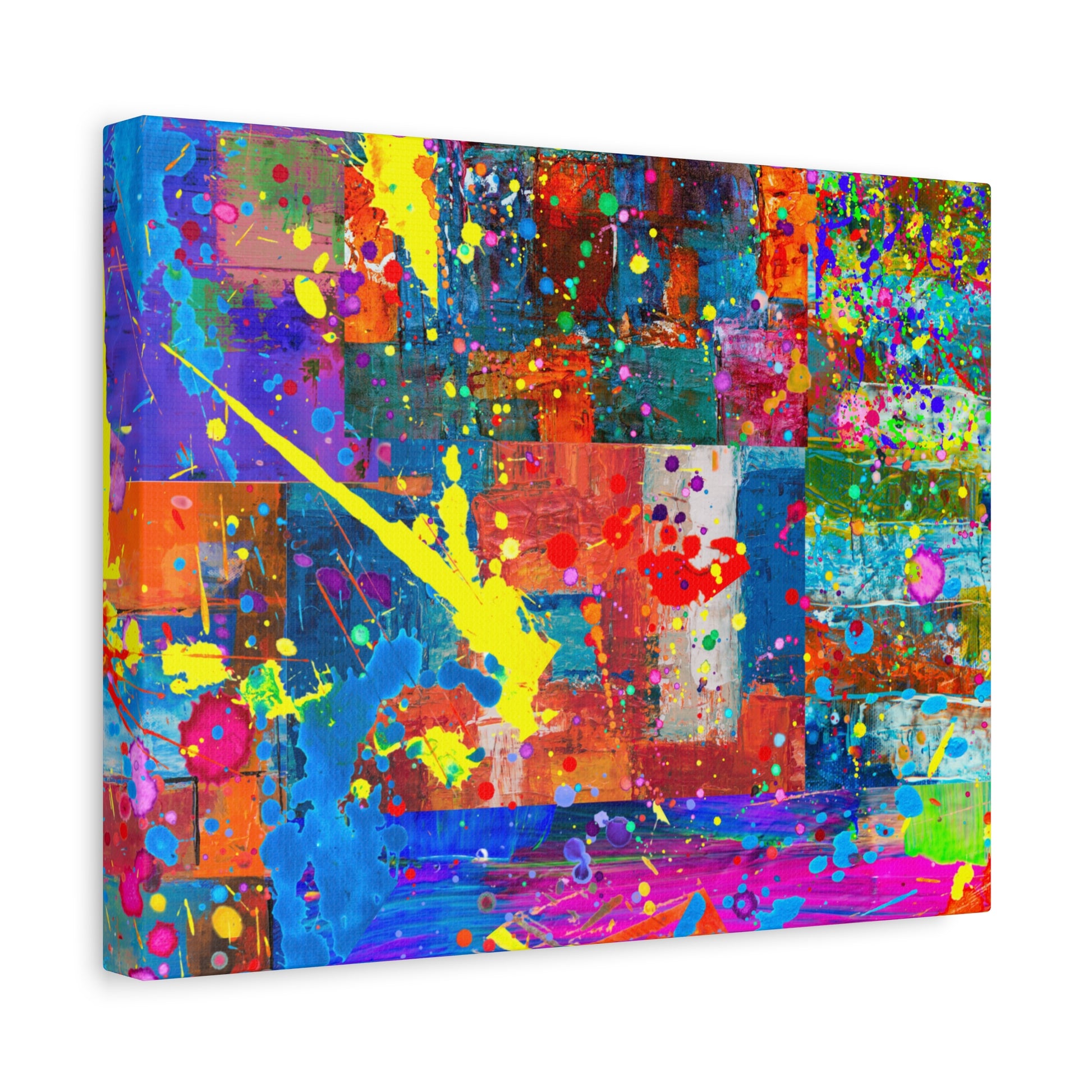 Vivid Neon Chaos Canvas Print Abstract Patchwork Splatter Art - Paragon Prints
