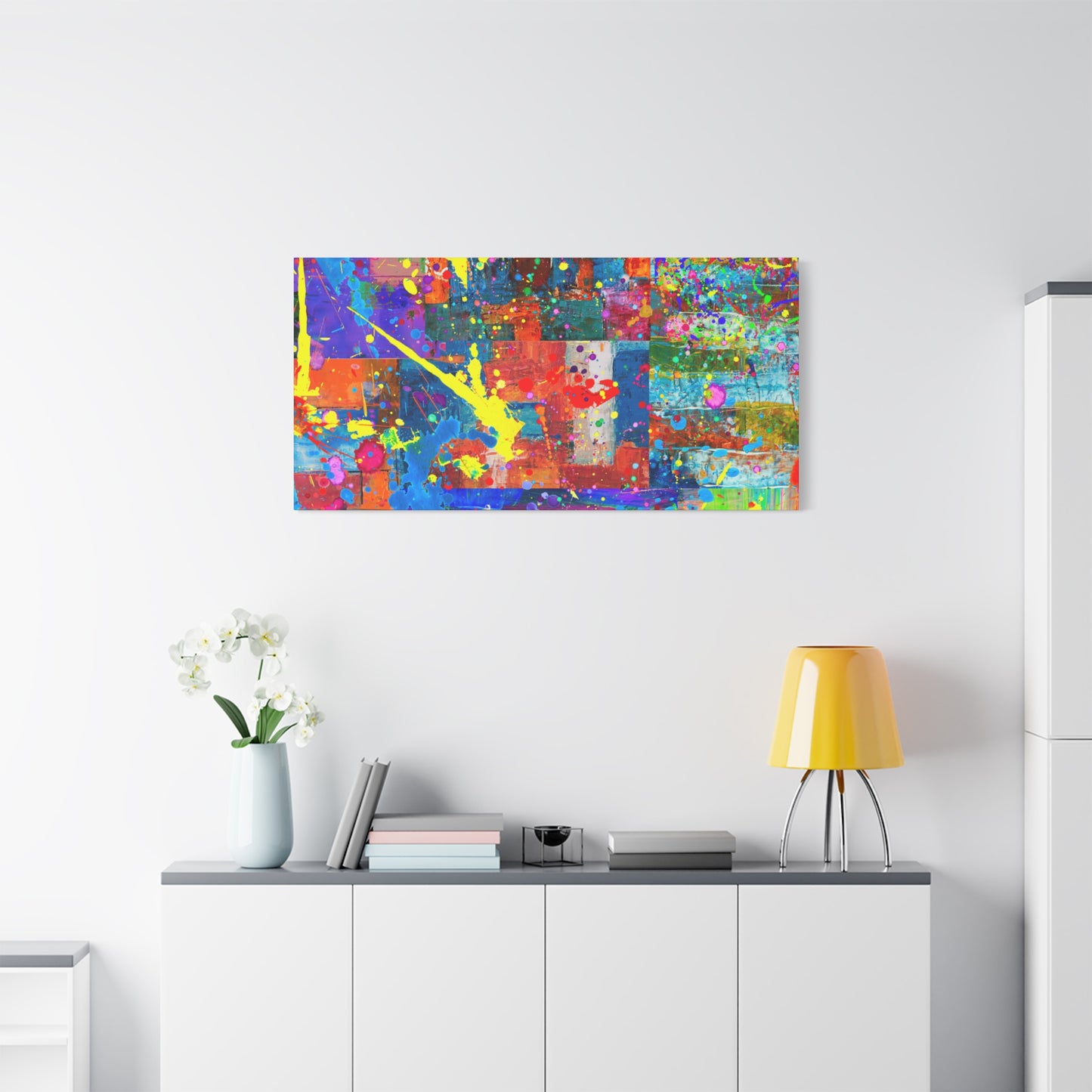 Vivid Neon Chaos Canvas Print Abstract Patchwork Splatter Art - Paragon Prints