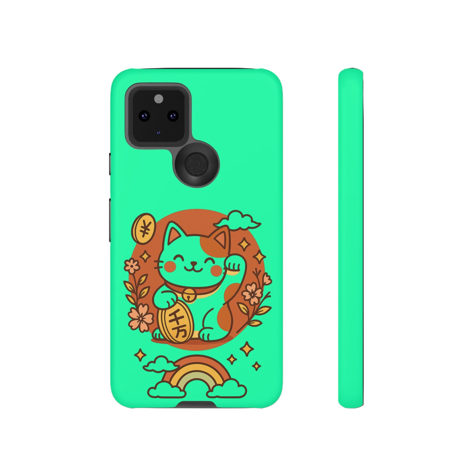 The Japanese Kawaii Lucky Cat Protective Phone Case by Printify is mint green with a cute illustrated lucky cat, raised paw, flowers, leaves, clouds, and a rainbow. Shown from the back and side.