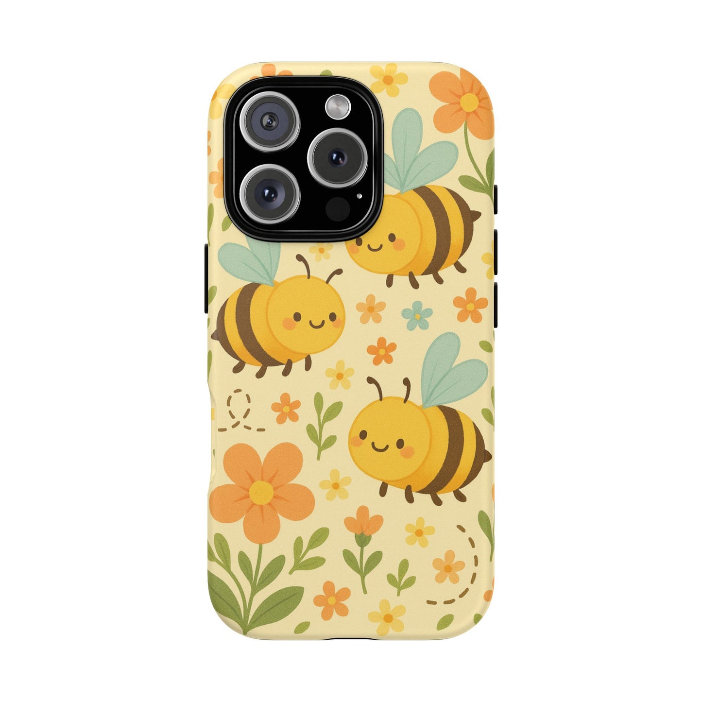 The Cute cartoon Floral Bee Tough Phone Case by Printify features smiling bees, orange and yellow flowers, green leaves, and dotted paths on a light yellow background—a perfect floral bee lover gift.