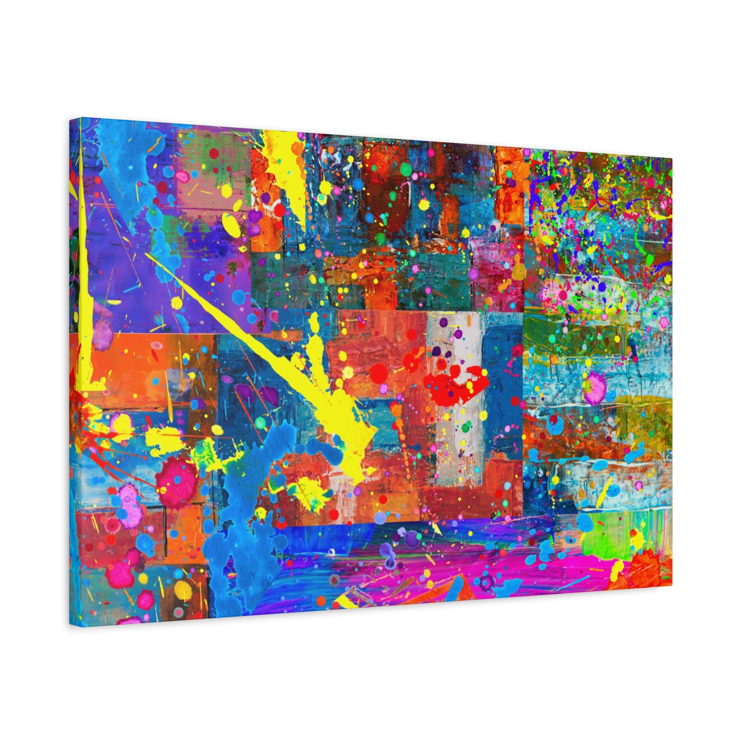 Vivid Neon Chaos Canvas Print Abstract Patchwork Splatter Art - Paragon Prints